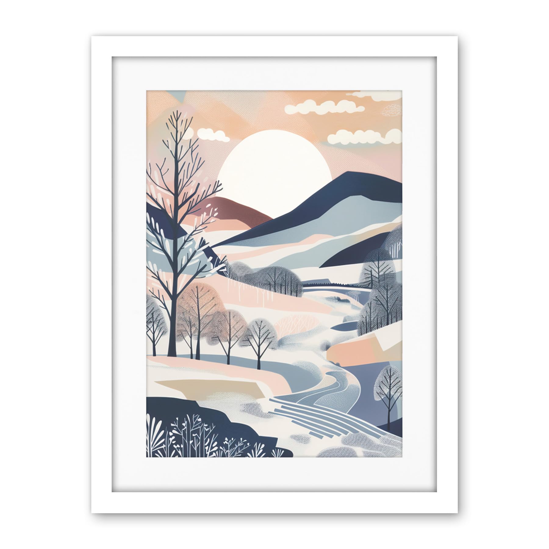 Artery8 Countryside Path in Boho Hill Winter Landscape Artwork Framed Wall Art Print 18X24 Inch