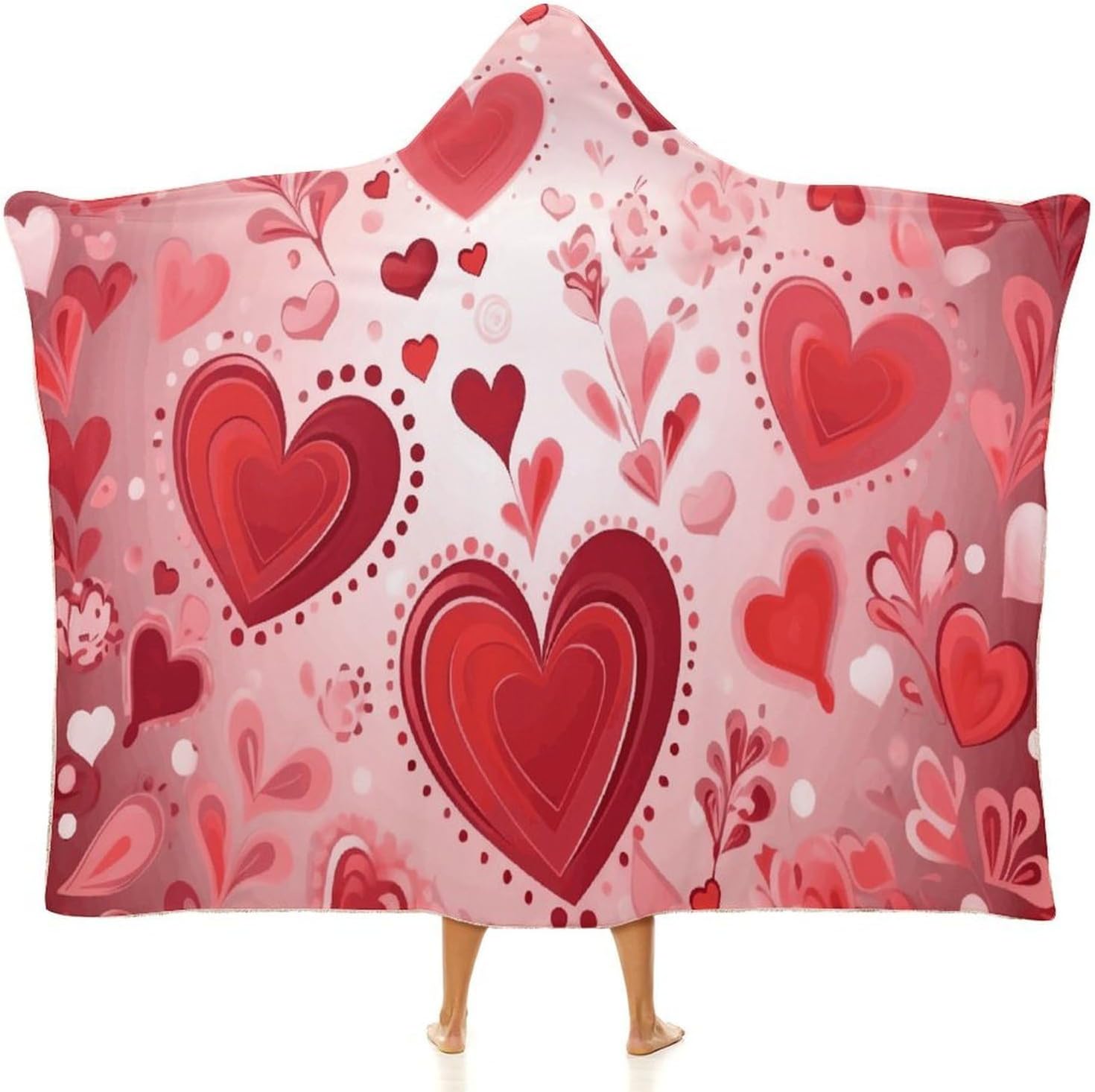 Valentine Pattern Wearable Hooded Blanket, Ultra Soft Arctic Velvet Cape Cloak Unisex - Cozy Wearable Blanket