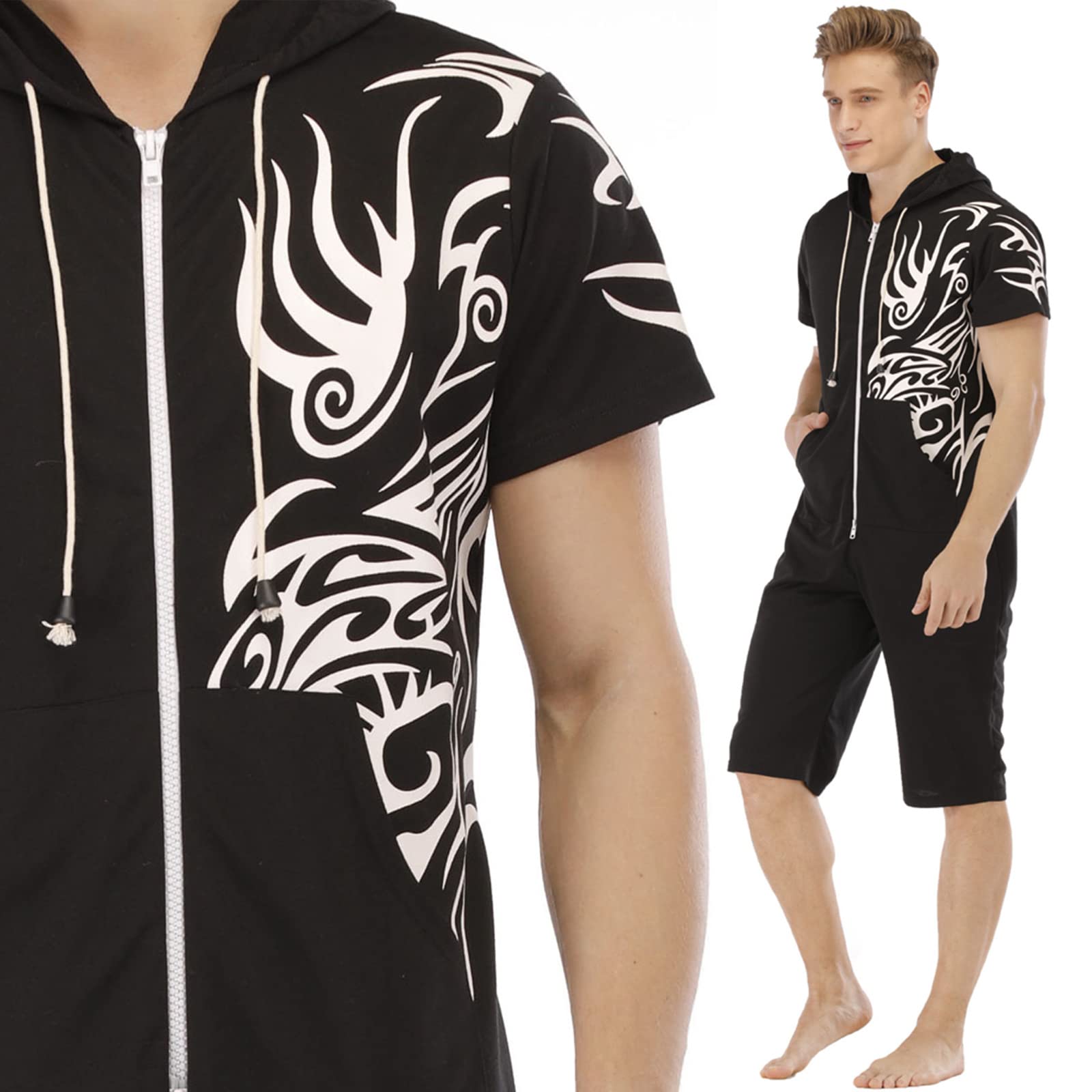 Combinaison Pyjama Court Hommes Grenouillères a Capuche Manches Courtes Short Été Confortable Zippé Adulte Une Piece Homewear Survêtement Onesie