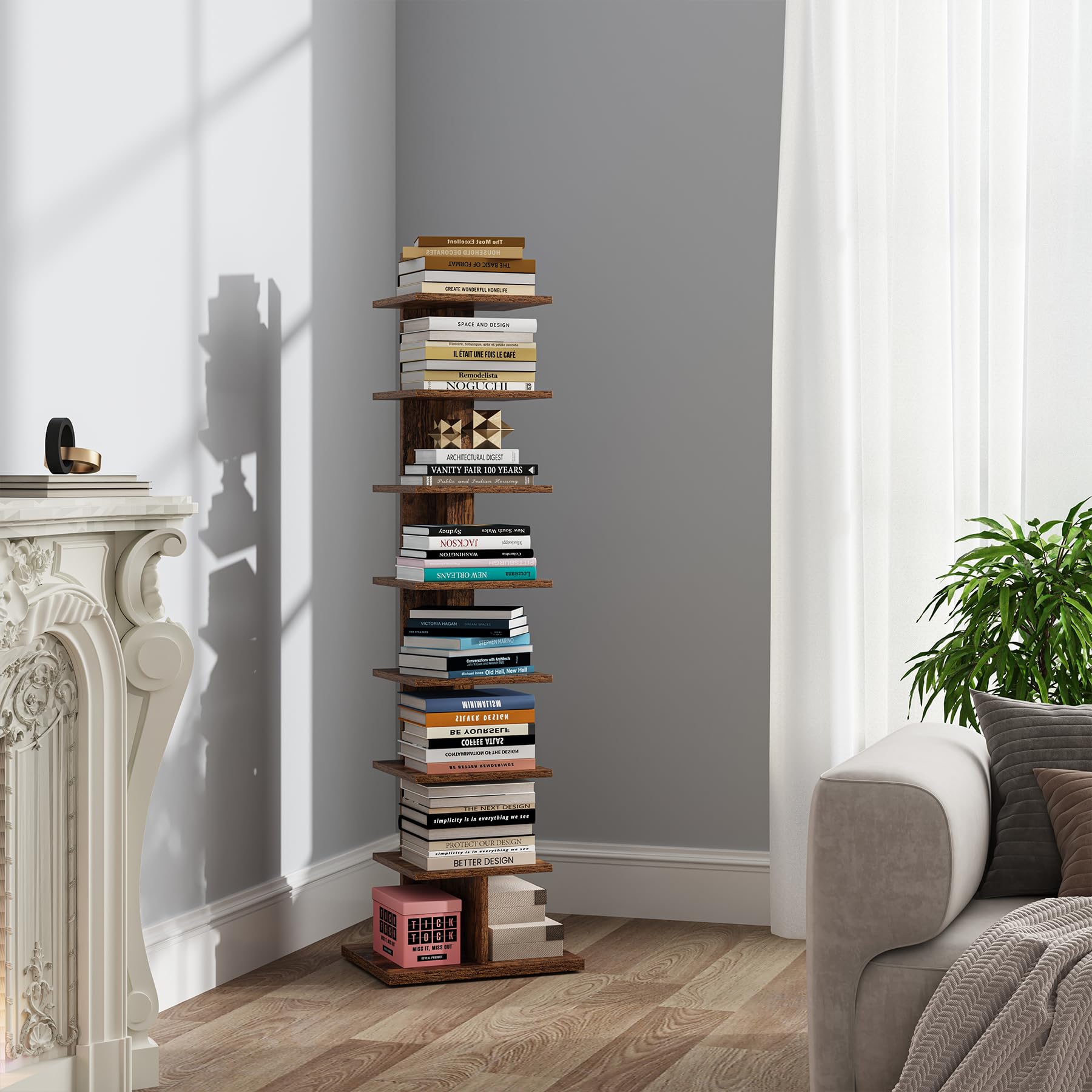 TUTOTAK Vertical Bookshelf, 8-Tier Bookcase, Narrow Spine Book Shelf for Small Space, Corner Standing Shelf for Living Room, Office, Study, Entryway, Rustic Brown BS06BB008EU