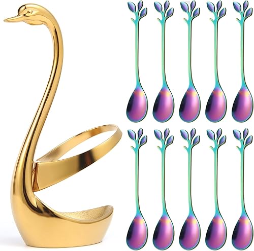 AnSaw Oro pequeño cisne base titular con arco iris 10pcs 4.7inch hoja mango cuchara café conjunto