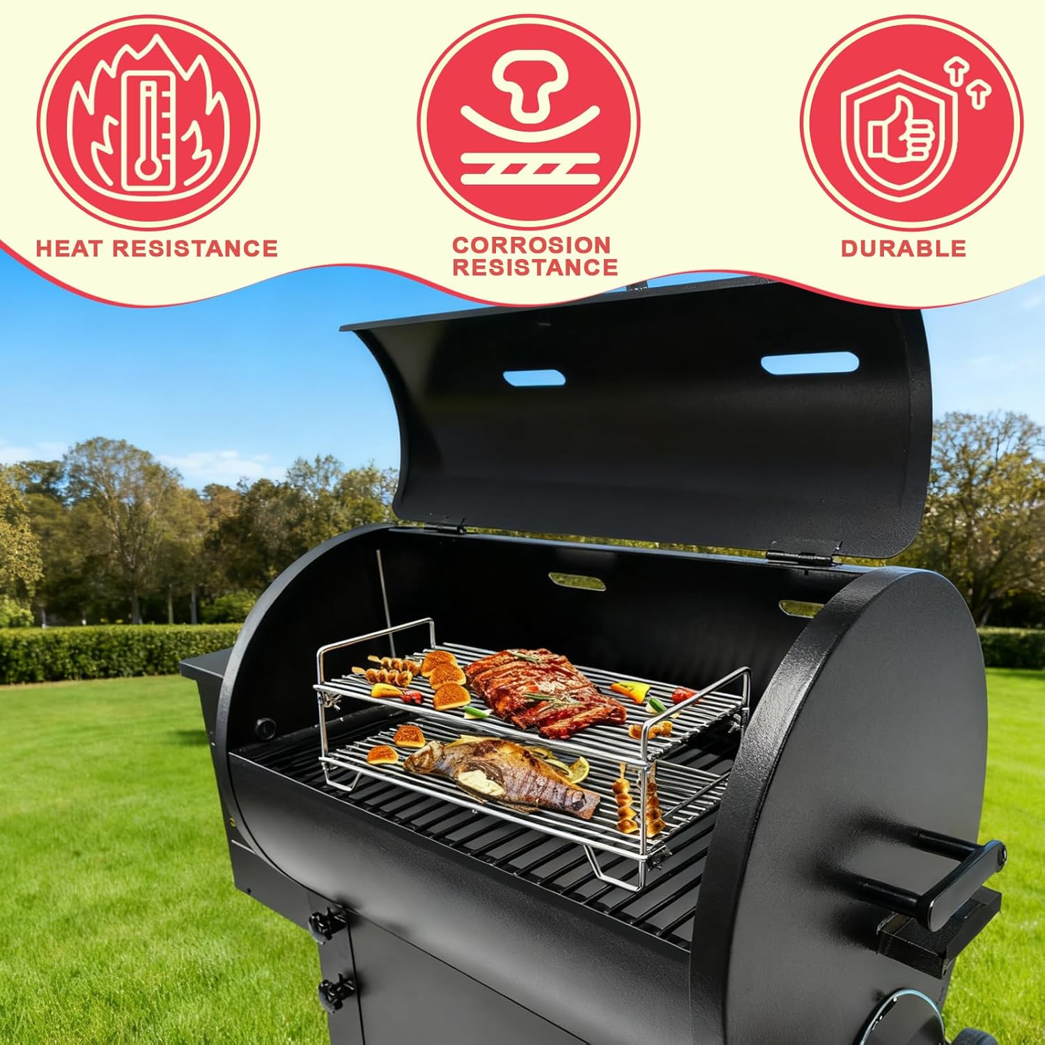 DcYourHome Universal Double Layer Stainless Steel Smoke Shelf, Griddle Warming Rack for Traeger and Other Wood Pellet Grills, Foldable Multipurpose Jerky Rack for Gas Grills Accessories