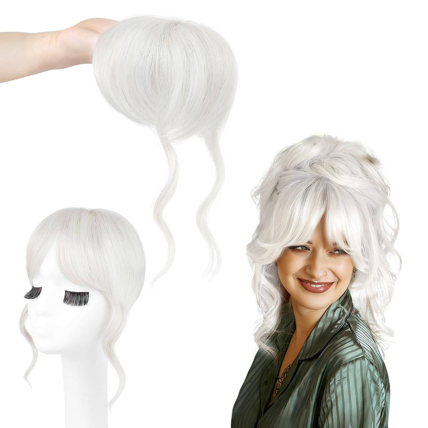 FLUFYMOOZ 100% Human Hair Clip In Bangs,360°Real Human Hair Toppers for Women Natural Fringe Extensions with Invisible Clips-Silver White