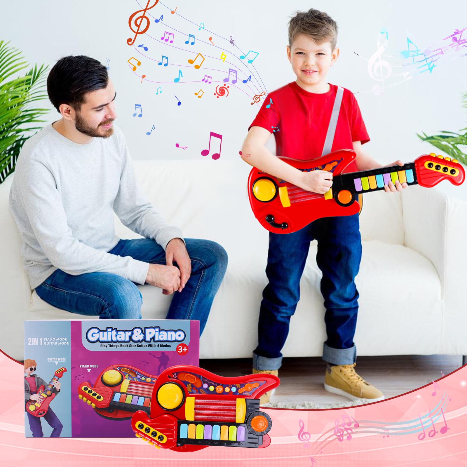 JONRRYIN Gitarre Kinder Spielzeug, 2 IN 1 Kinder Gitarrenspielzeug & Klavier Spielzeug, Kindergitarre Musikalisches, 4 Spielmodi multifunktionales Instrumentenspielzeug, Lernspielzeug Lerngeschenk