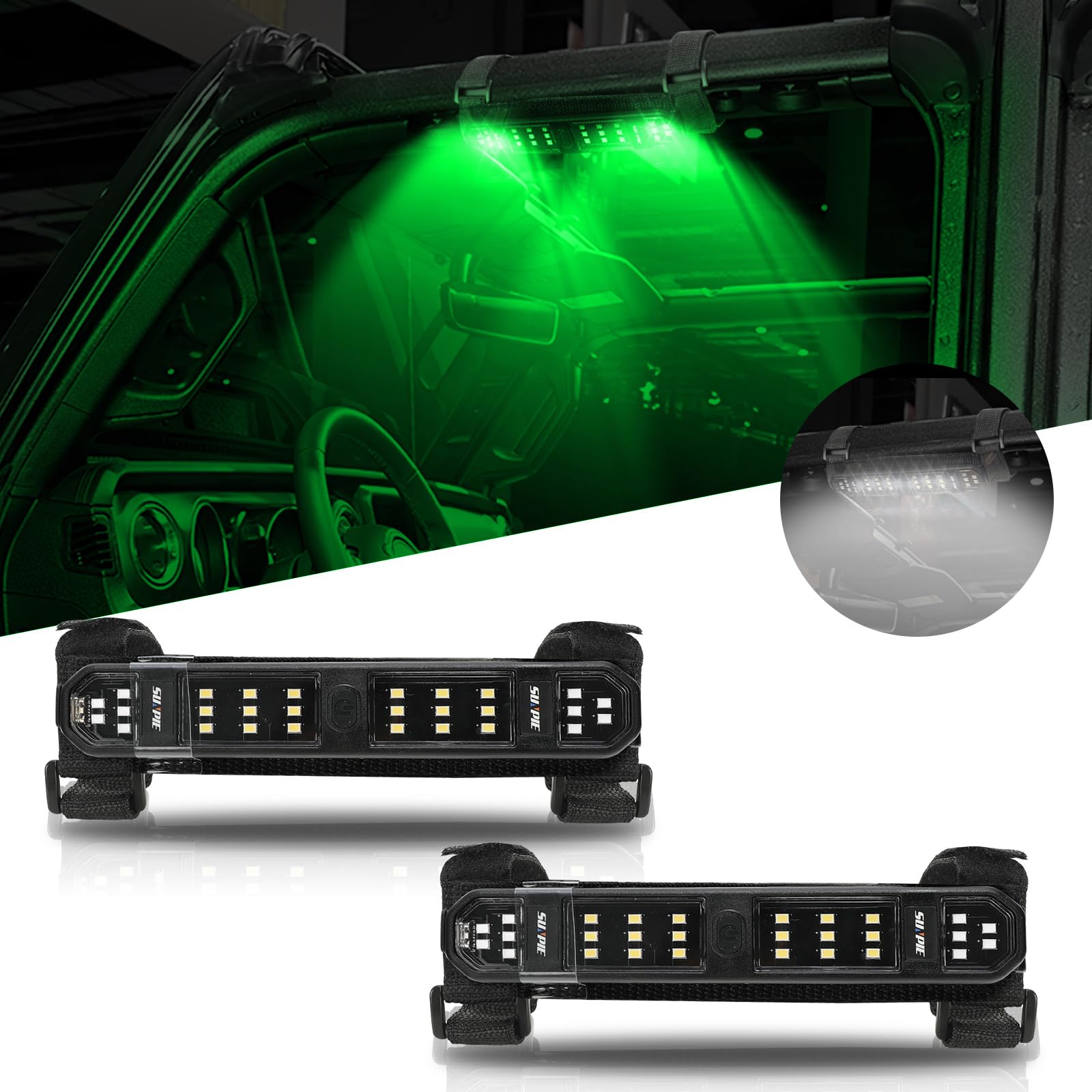 SUNPIE UTV Roll Bar Dome Light w/Battery Power,White and Green, 2Packs
