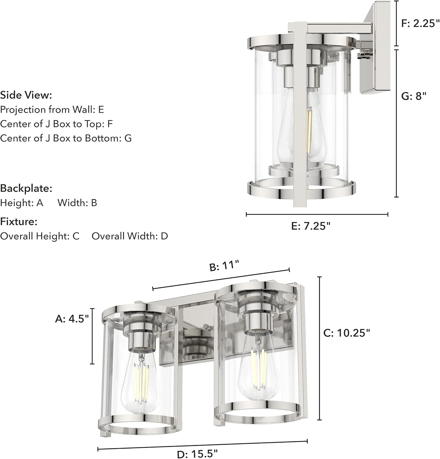 Hunter - Astwood 2-light Polished Nickel, Medium Size Vanity Light, Dimmable, Caged Style, for Bedrooms, Kitchens, Foyers, Bathrooms - 48003