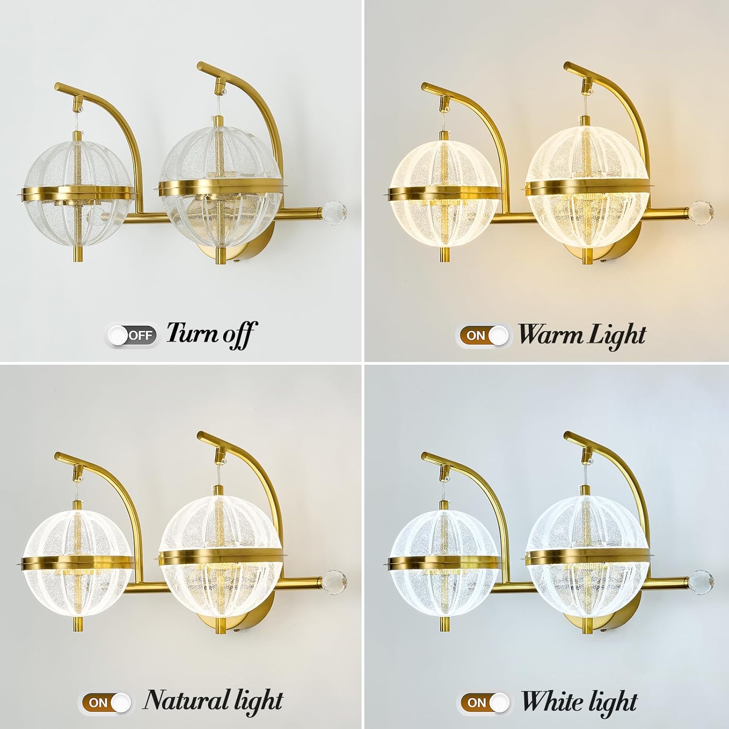 UOFUS 24W Gold Bathroom Light Fixtures Modern LED Vanity Light with Globe Acrylic LampShade 2 Lights Mid Century Wall Sconces Indoor Vanity Lights Over Mirror for Bedroom Hallway Entryway