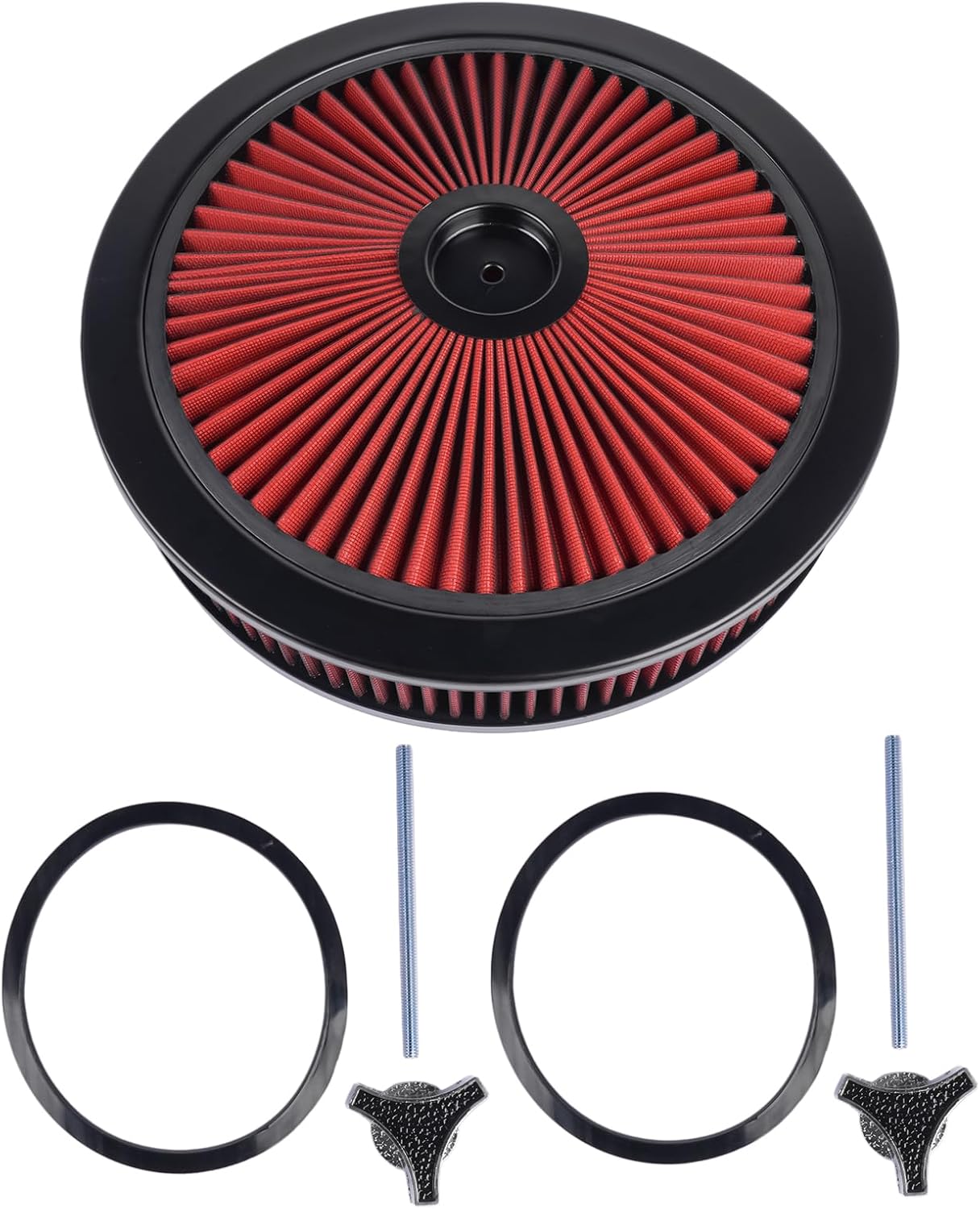 14" x 3" Red High Flow Air Cleaner Washable Element Black Top Recessed Replacement for SBC 4-Barrel