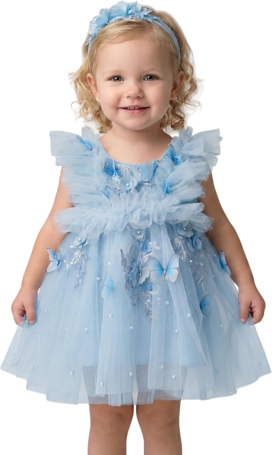 LalaMira Baby Girls Butterfly Birthday Dress Tulle Toddler Flower Girl Dress for First Birthday Wedding Party Photo Shoot