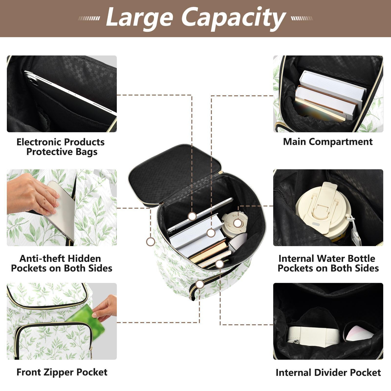 Zaino da 15L alla moda per le donne borsa versatile leggera | Resistente tessuto trapuntato trasformabile silhouette multi cerniera stoccaggio per le signore viaggio shopping sport