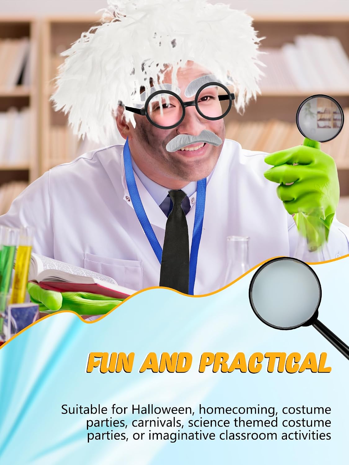 12 PCS Old Man Mad Scientist Costume Crazy Doctor White Lab Coat Physicist Grandpa Cos for Halloween Cosplay Party