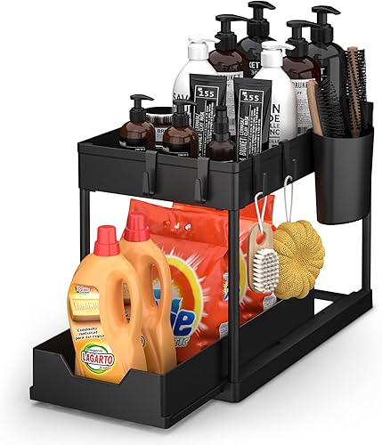 SUVANA Organizador para debajo del fregadero, organizador de armario de baño de 2 niveles con cesta deslizante debajo del fregadero, ganchos, taza