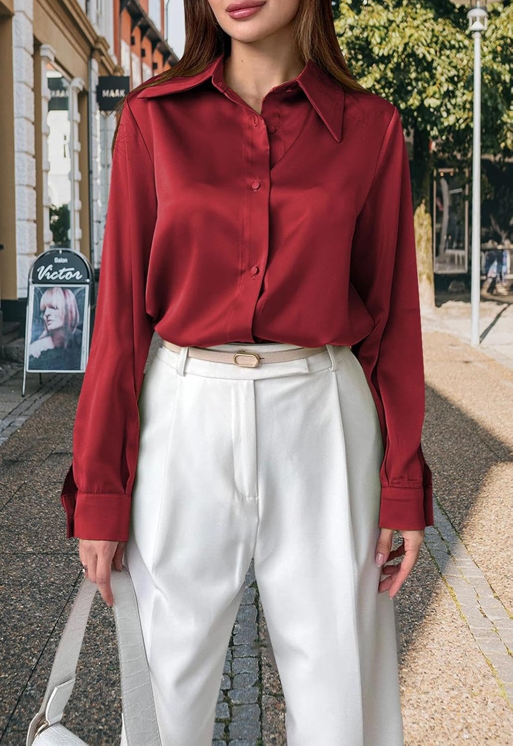 Women's Satin Button Down Shirts Casual Long Sleeve Work Shirt Dress Blouses Tops - Image 6