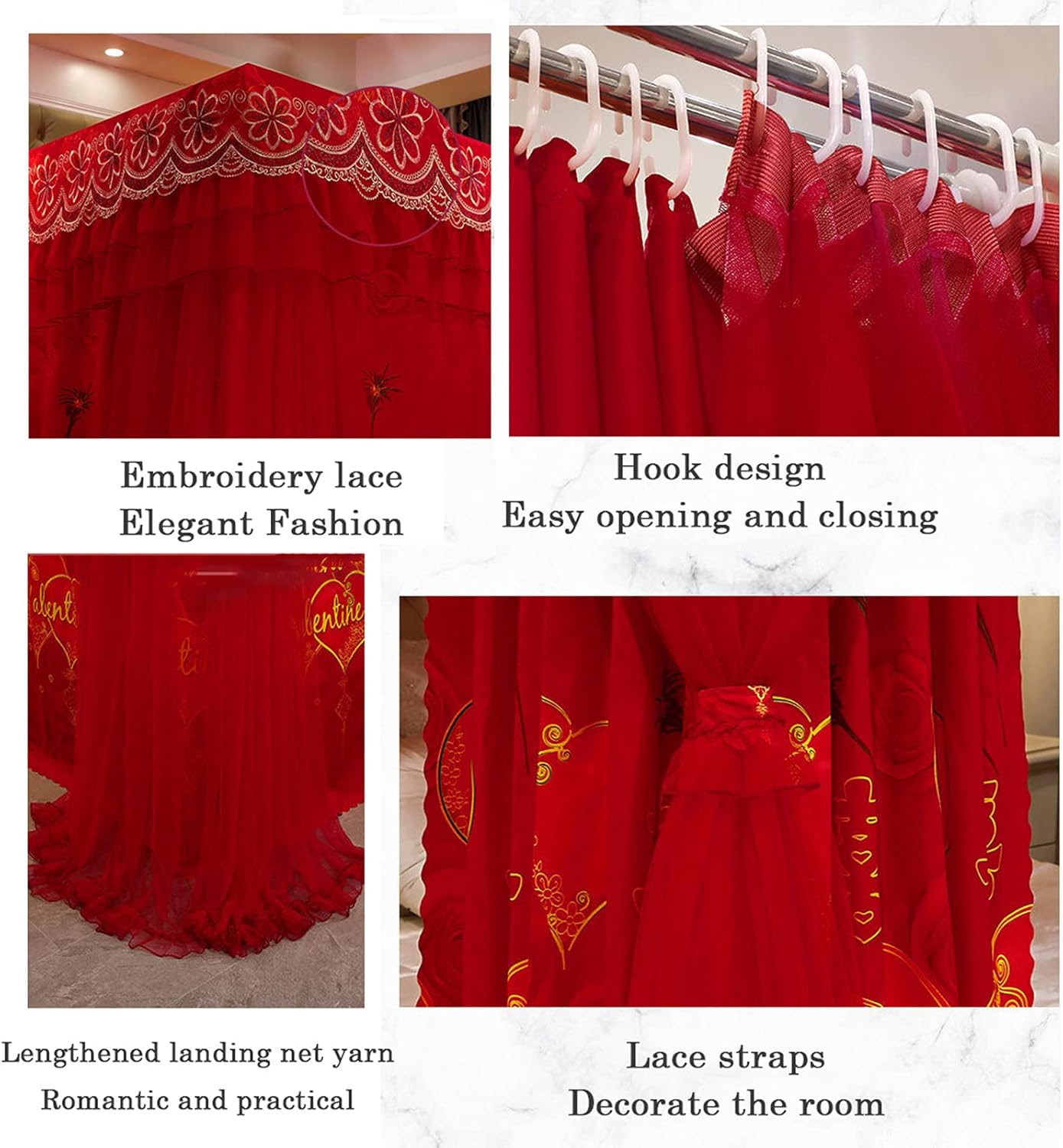 Mosquito Net 4 Corner Post Canopy Curtains Pink Princess Bed Canopy Double Layer Embroidery Lace Bed Curtains for Double Bed(Size:1.5×2m,Color:B)