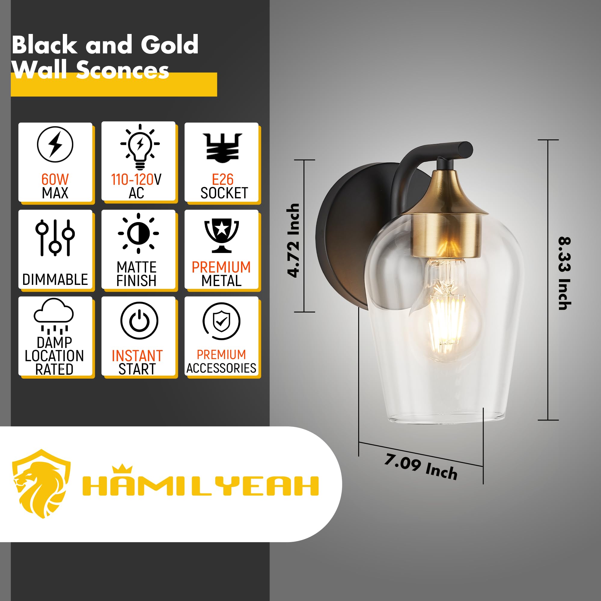 Hamilyeah Gold Wall Sconces Set of 2, Black Sconces Wall Lighting with Clear Champagne Glass Shade, Industrial Bathroom Sconce Lighting, Modern and Farmhouse Wall Lamps, Listed