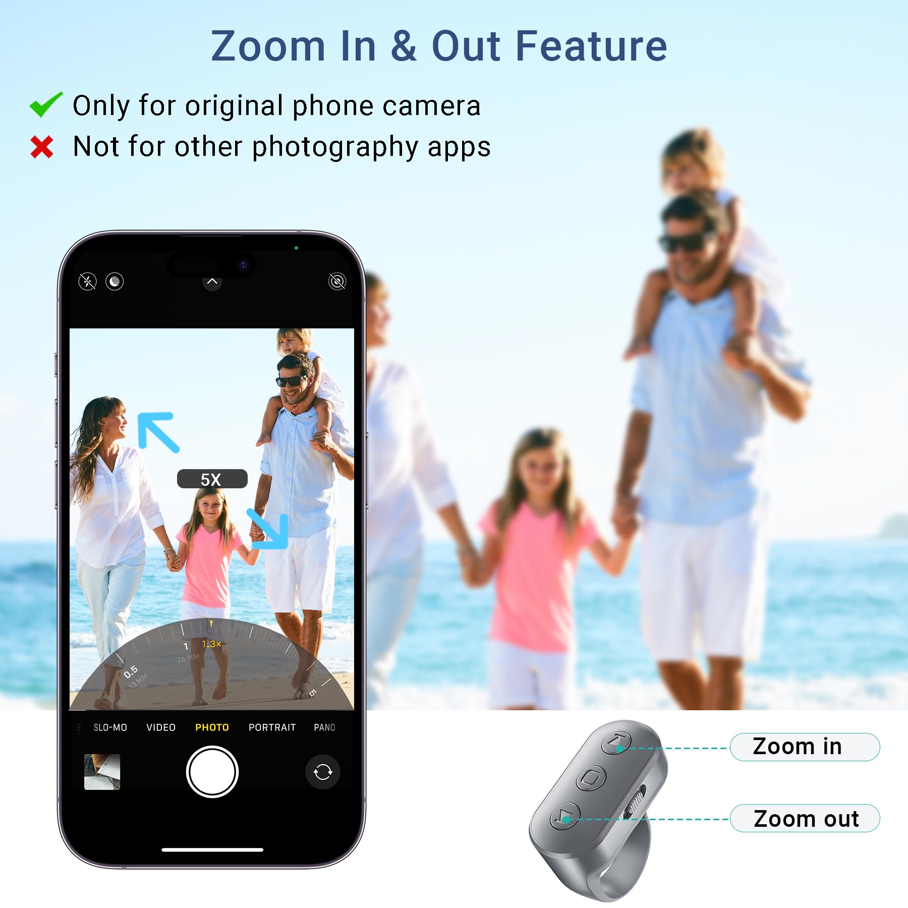 Telefonkamera-Ring-Fernbedienung mit Zoom/Out, wiederaufladbarer Auslöser mit Front-/Rückkameraschalter für iPhone, Android, iPad, Freisprech-Fernbedienung für Foto- und Videoaufnahmen, Content