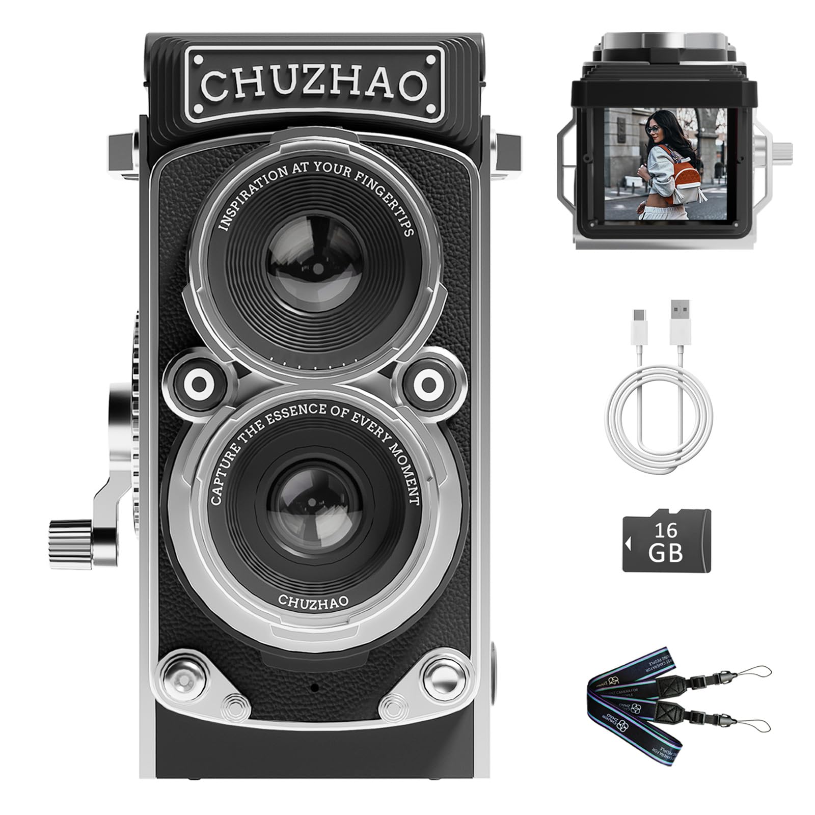 CHUZHAO Vintage Mini Digital Camera, Retro-Style Point and Shoot, 1080P Video & Photo Autofocus, Portable Compact Pocket Camera with 16GB Card for Beginners Teens Adults Black