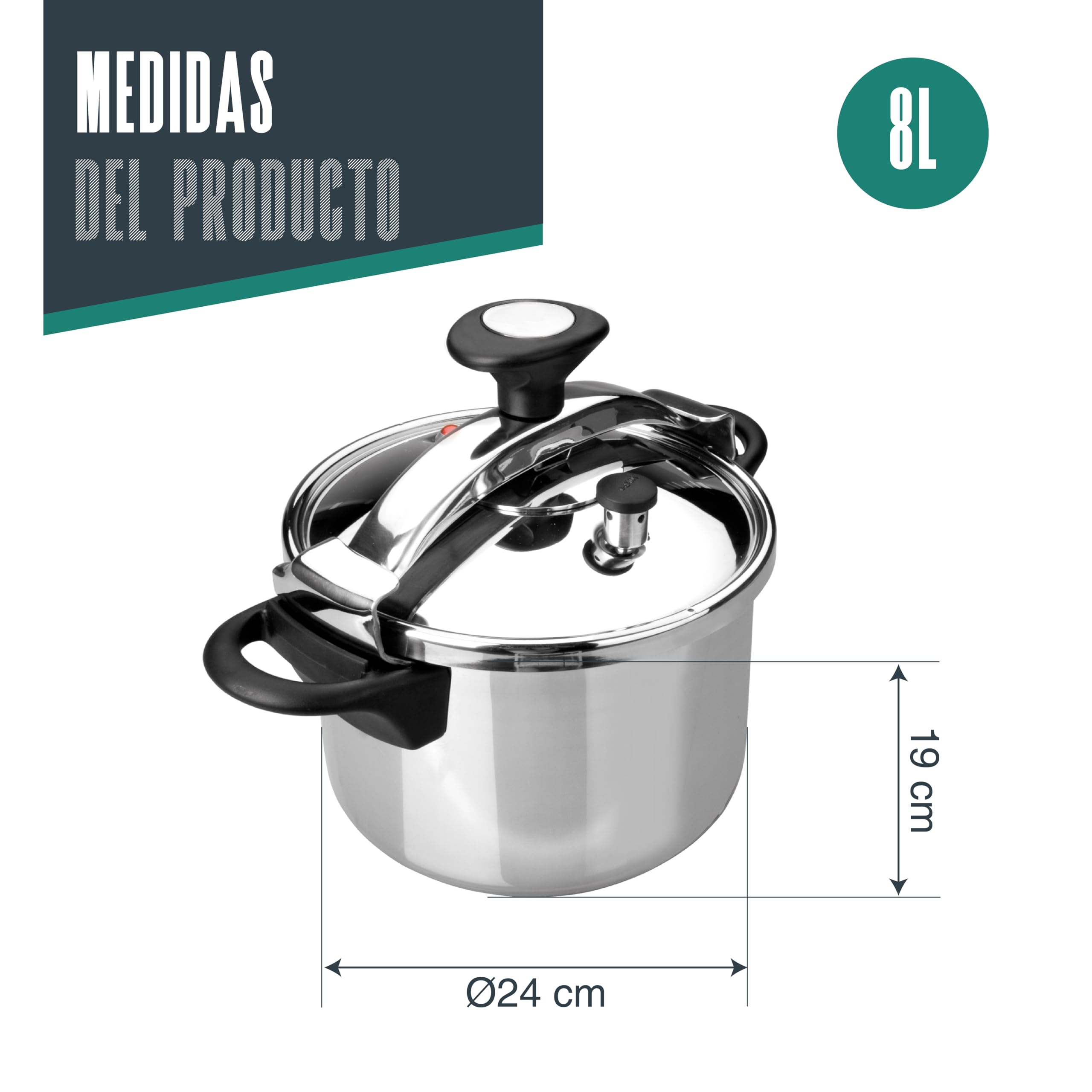 Lacor 71878 - Olla a presión Classic, Acero inoxidable 18/10, Apta | En acero inox 18/10, para cocidos y grandes cantidades; apto para inducción, con 8 L de capacidad, para tu cocina cada día