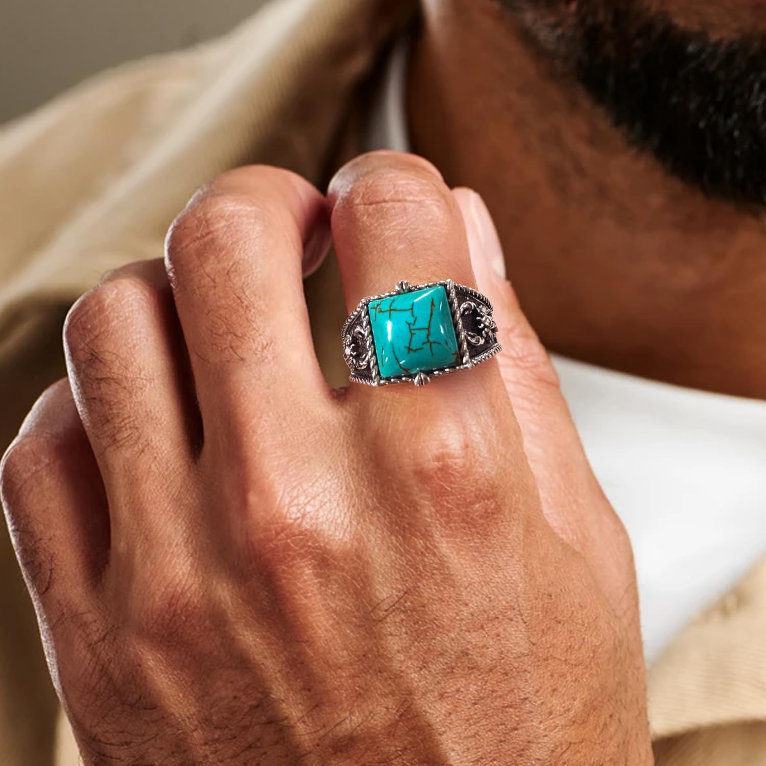 Real Square Turquoise Rings for Men with Scorpion 925 Sterling Silver Genuine Gemstone Chunky Southwest Ring Jewelry for Husband Boyfriend - Image 2