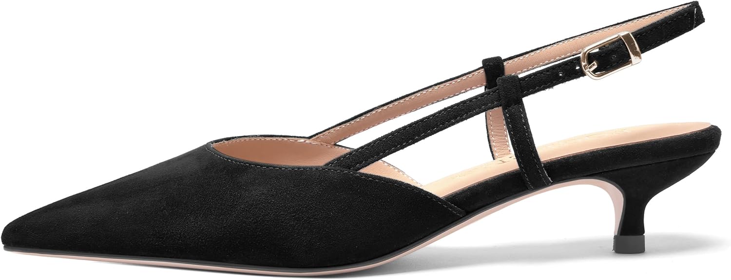 FOGEENA Womens Pointed Toe Evening Slip On Dress Suede Leather Slingback Kitten Low Heel Pumps Shoes 1.5 Inch