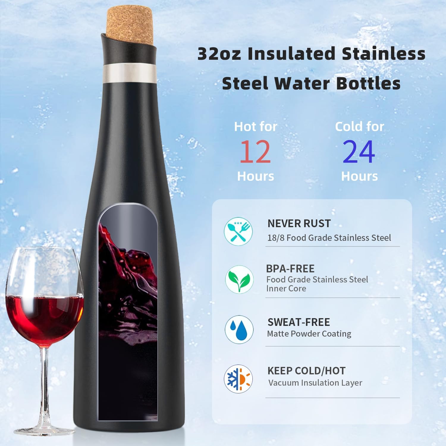 koodee Wine Bottle - 32 oz Insulated Stainless Steel Wine Bottle with Double Wall Vacuum Sealed Lids,for Wine Lovers Keeps Wine Cold for 24 Hours and Hot for 12 Hours (Black,1000ml) - Image 4