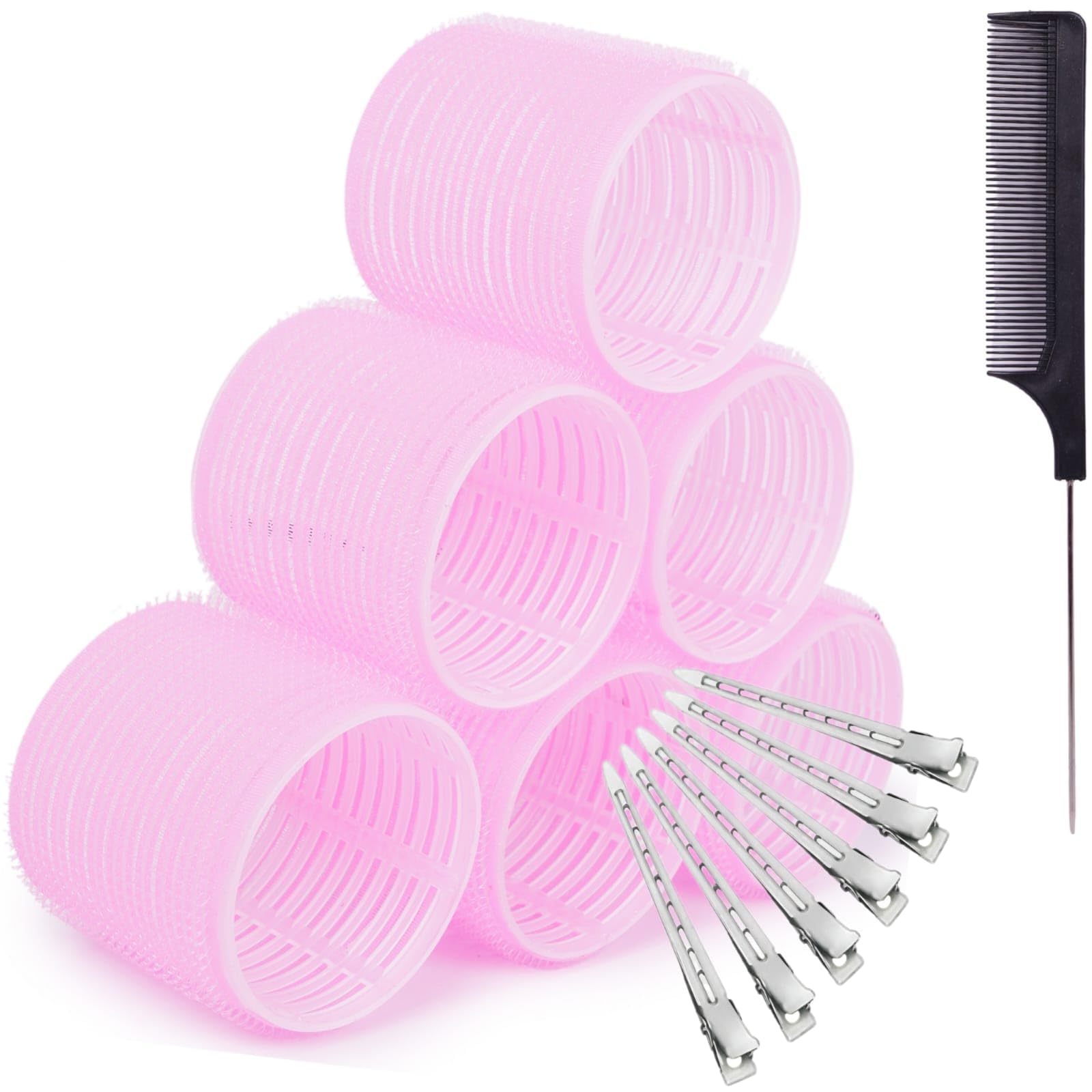 (JIBA BEAUTY)-6PC JUMBO SIZE Self-Grip Heatless Hair Curlers with 6pc Metal Clips and Tail Comb, velcro rollers, Volumizing Styling rollers for Bouncy Curls and Waves-image-15