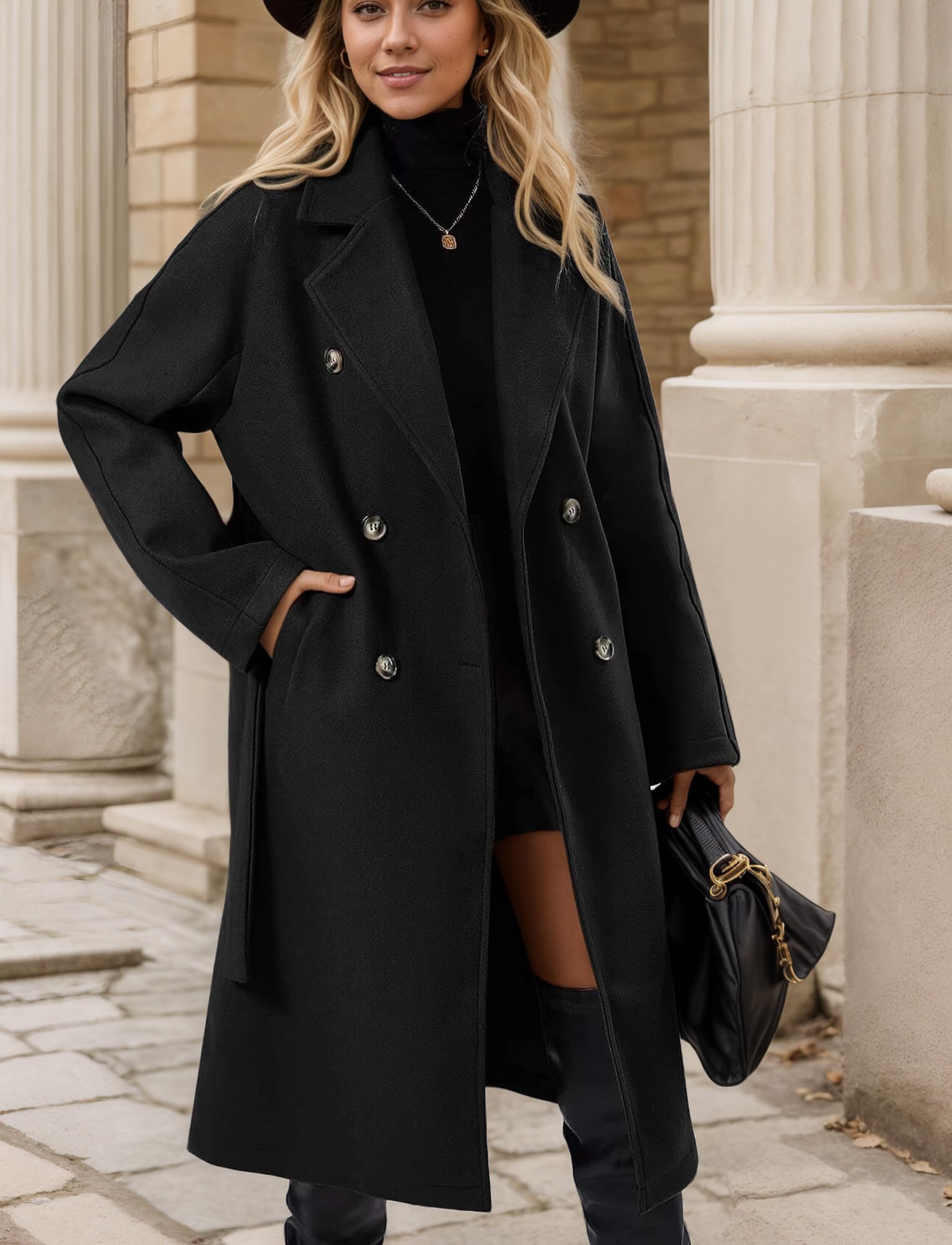 Maeau Langer Mantel aus Tweed, für Damen, zweireihig, Herbst, Winter, lange Jacke, warm, elegant, lässig, langer Trenchcoat mit Gürtel, Größe S bis XL