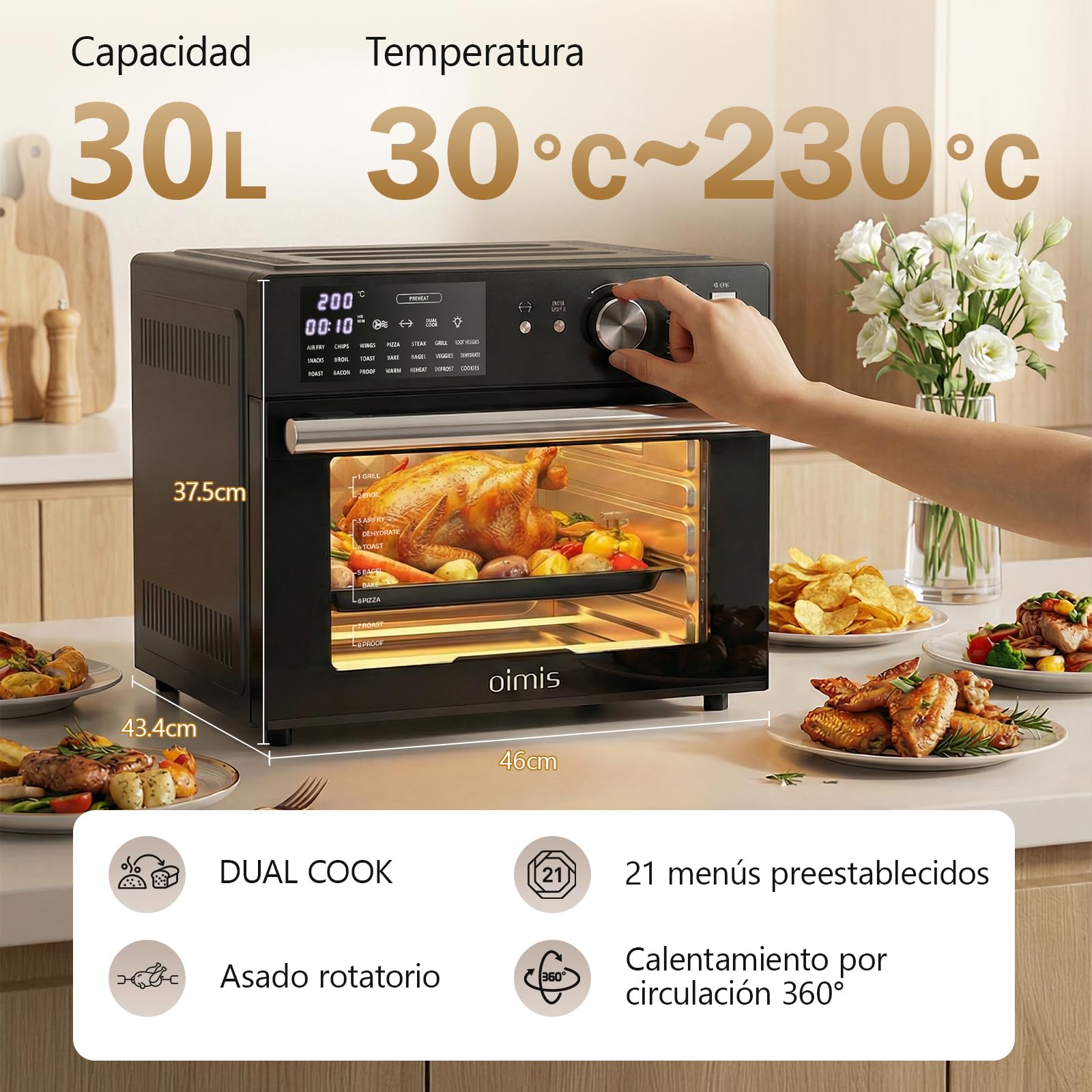 Horno Freidora de Aire Caliente,Gris XXL Freidoras de Aire Multifunción sin Aceite,21 Pre Programas，30°-230°,1800W,Recetas, 7 Accesorios, libro de recetas, Dual Cook, freidora de aire (negro)