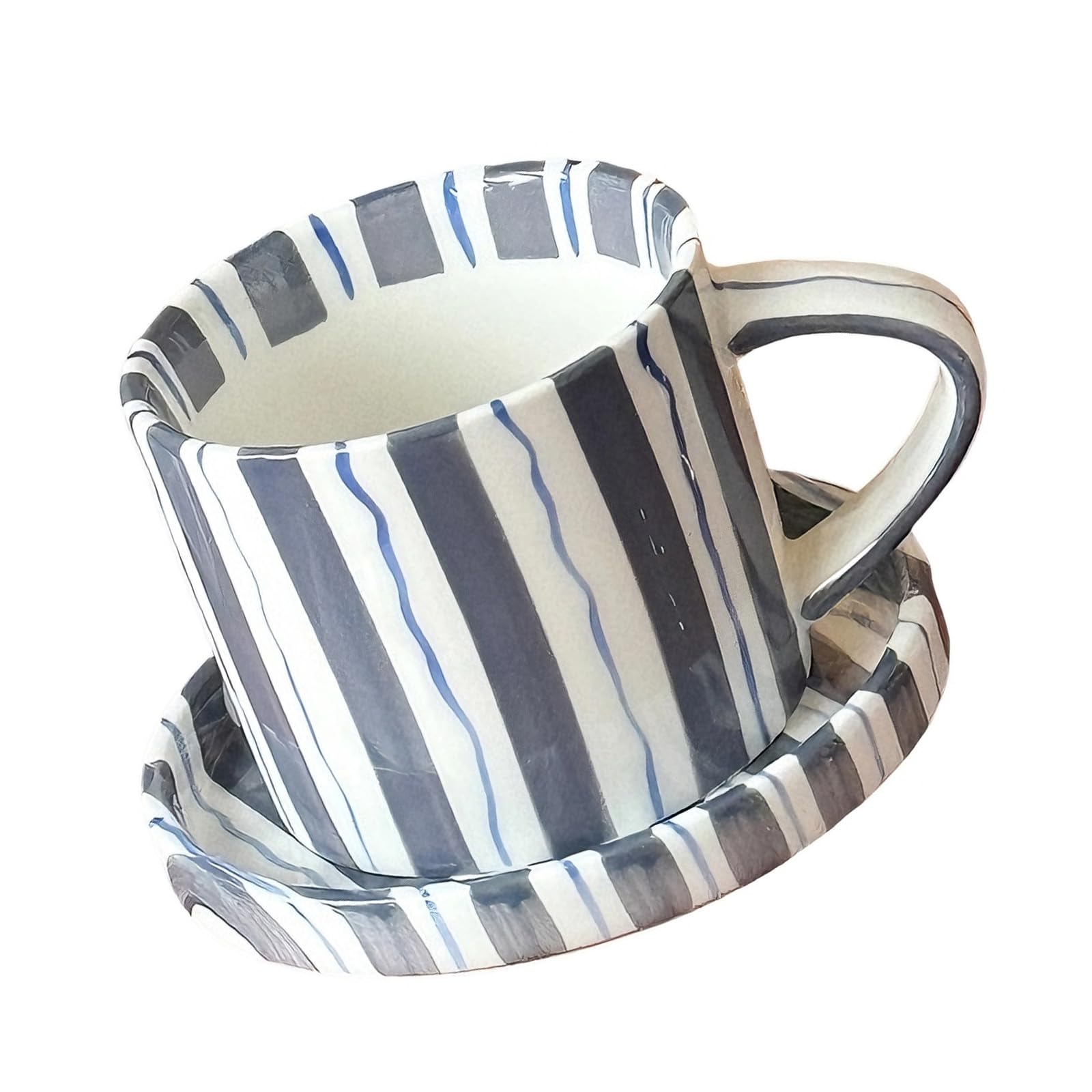 Kaeltsyn 5Inch Elegant Striped Ceramic Coffee Mugs and Saucer Set Feature Comfortable Grip and Multifunctional for Home Use Comfortable Grip