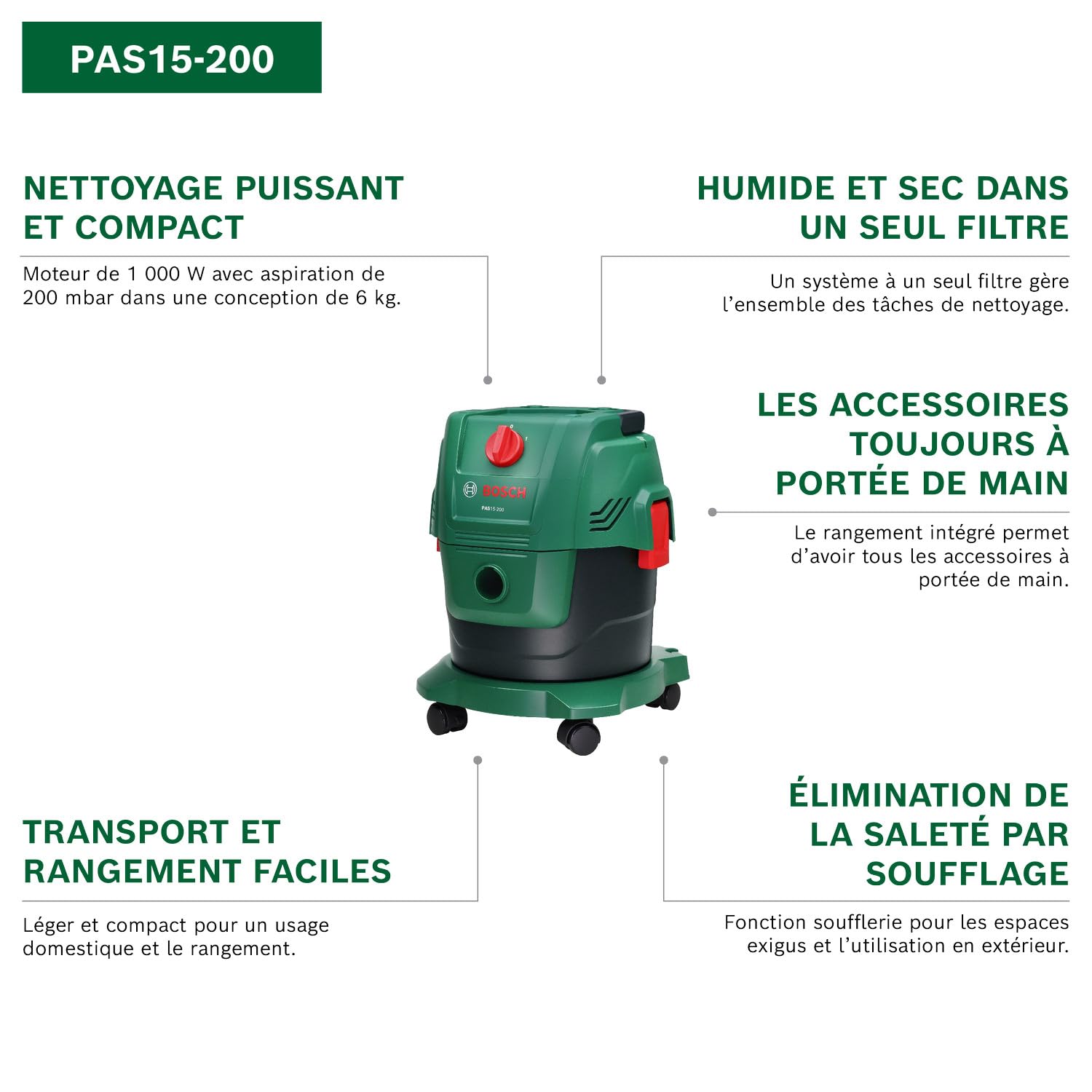 Bosch Aspirateur Eau et poussière PAS15-200 (Tubes rallonges, Flexible d’Aspiration 2,2 m, poignée-Tuyau coudé, suceurs pour sols et suceurs Droits, Sac en Papier (FSC), Filtre à Cartouche)