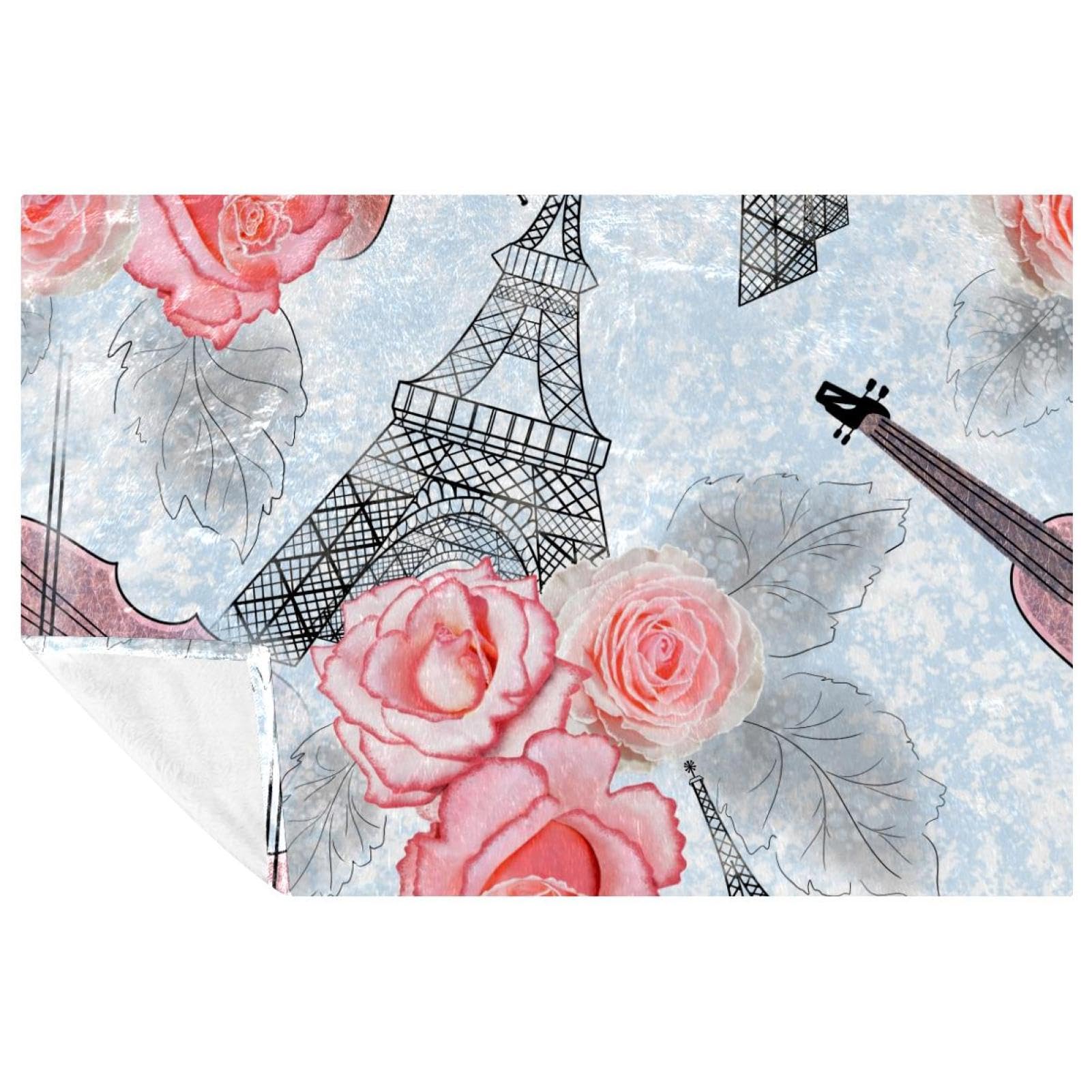 Couverture canapé et plage motif roses violon Tour Eiffel, plaid chaud 150 x 100 cm