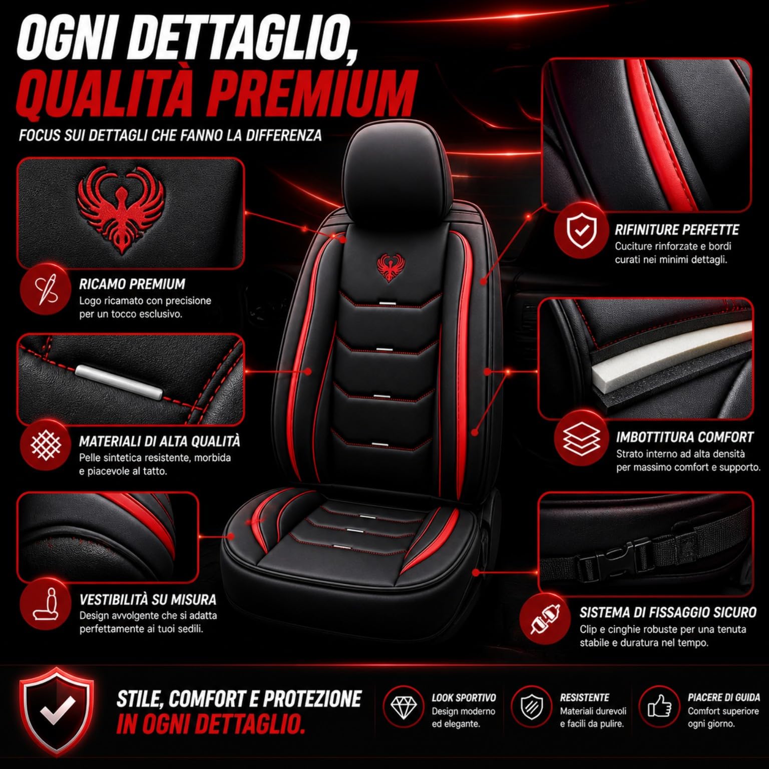 Car Passion 2 Coprisedile Auto Universale Sportivo Qualità Superiore in Ecopelle Anteriore con Poggiatesta Compatibile con Airbag Laterale Protezione Sedile Look Dinamico (2 Coprisedili Rosso)