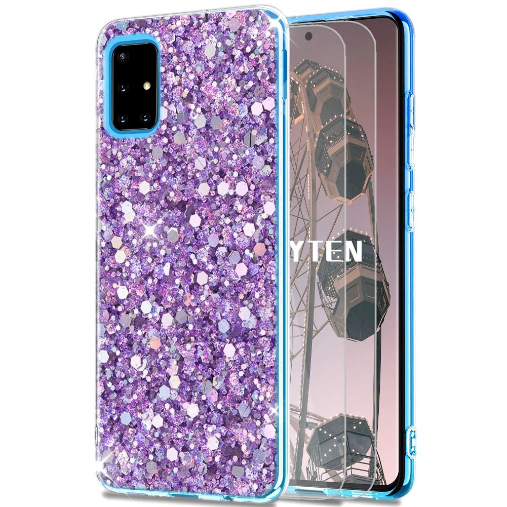 Feyten Compatible Samsung Galaxy A51 Case with HD Screen Protector [2 pack], Bling Shiny Sparkle Glitter Design Soft TPU Silicone Cover for Samsung Galaxy A51 (Purple)