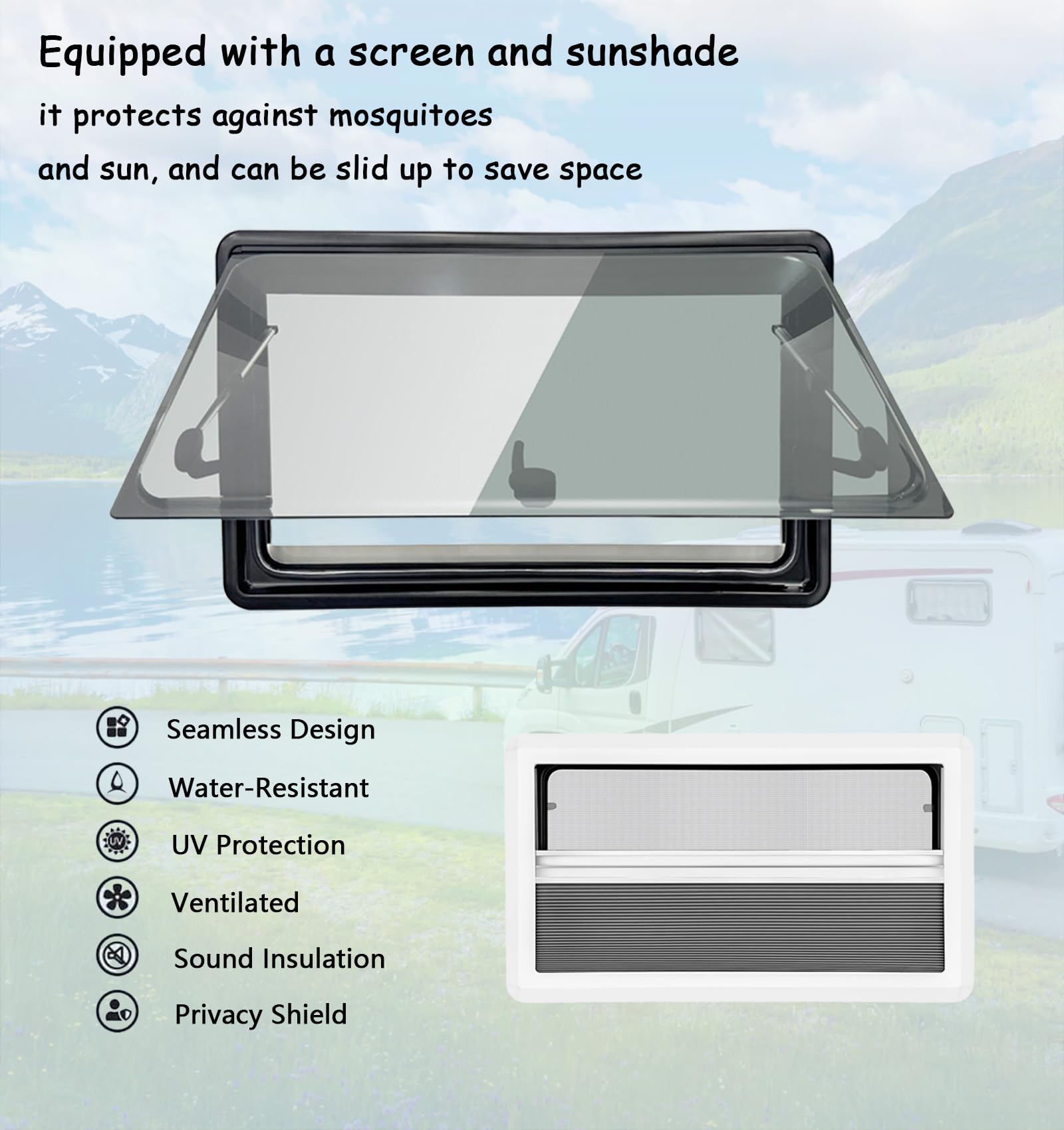1100x550mm Ventana Camper Abatible para Caravana y Autocaravana, Ventana Lateral Externa con Persiana Integrada y Mosquitera para Furgonetas y Autocaravanas
