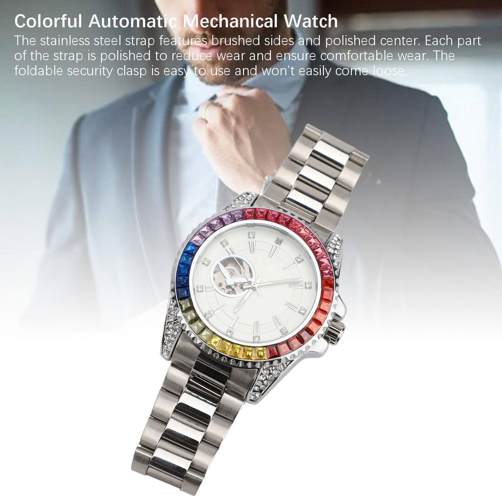 Luqeeg Automatyczny Zegarek Mechaniczny z kolorową wodą z Kryształów Automatyczny Mechaniczny Zegarek Chronografowy z opaską ze Stali Nierdzewnej do Swobodnych Podróży