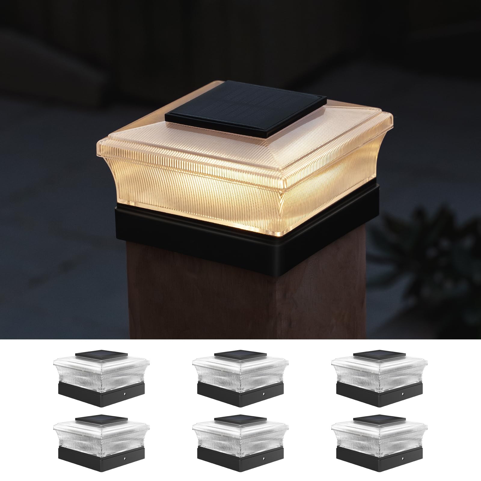 OPOIRA Solar Post Cap Lights Outdoor,6 Pack Deck Post Lights Solar Powered for 4x4 Vinyl/Wooden Posts, Solar Fence Post Lights, Bright LED Light for Fence Deck Patio Garden Posts, Warm White