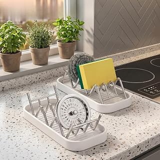 1 Pack Soap Rack, Kitchen Sink Sponge Storage Rack with Drain Tray, Dishwashing Tool Storage Rack, Multi Compartment Storage Sponge, Cleaning Brush (Silvery)