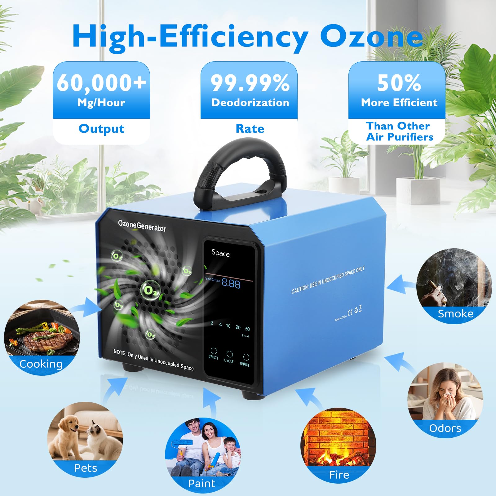Generatore di Ozono 60000 mg/h, Smart Digital Purificatore d'Aria con Timer 120 Min, Potente & Silenzioso, Senza Manutenzione, Contro Fumo, Odori di Cantina & Cucina, Ideale per Appartamento