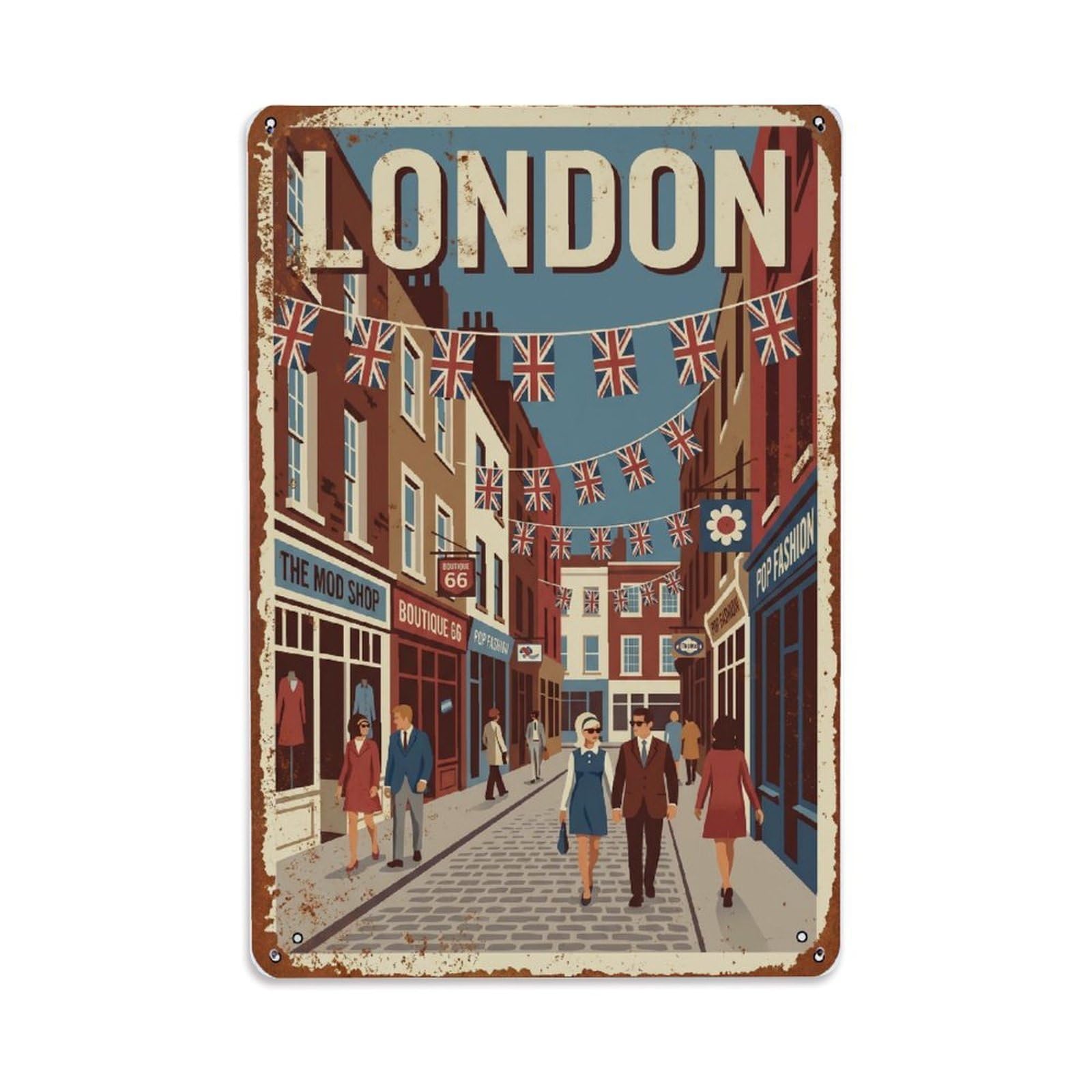 Vintage Travel London Carnaby Street Fashion District Rusted England Metal Tin Sign Plaque Wall Decor for Cafe, Club Bar, Office, Home Garden Metal Poster 8x12Inch
