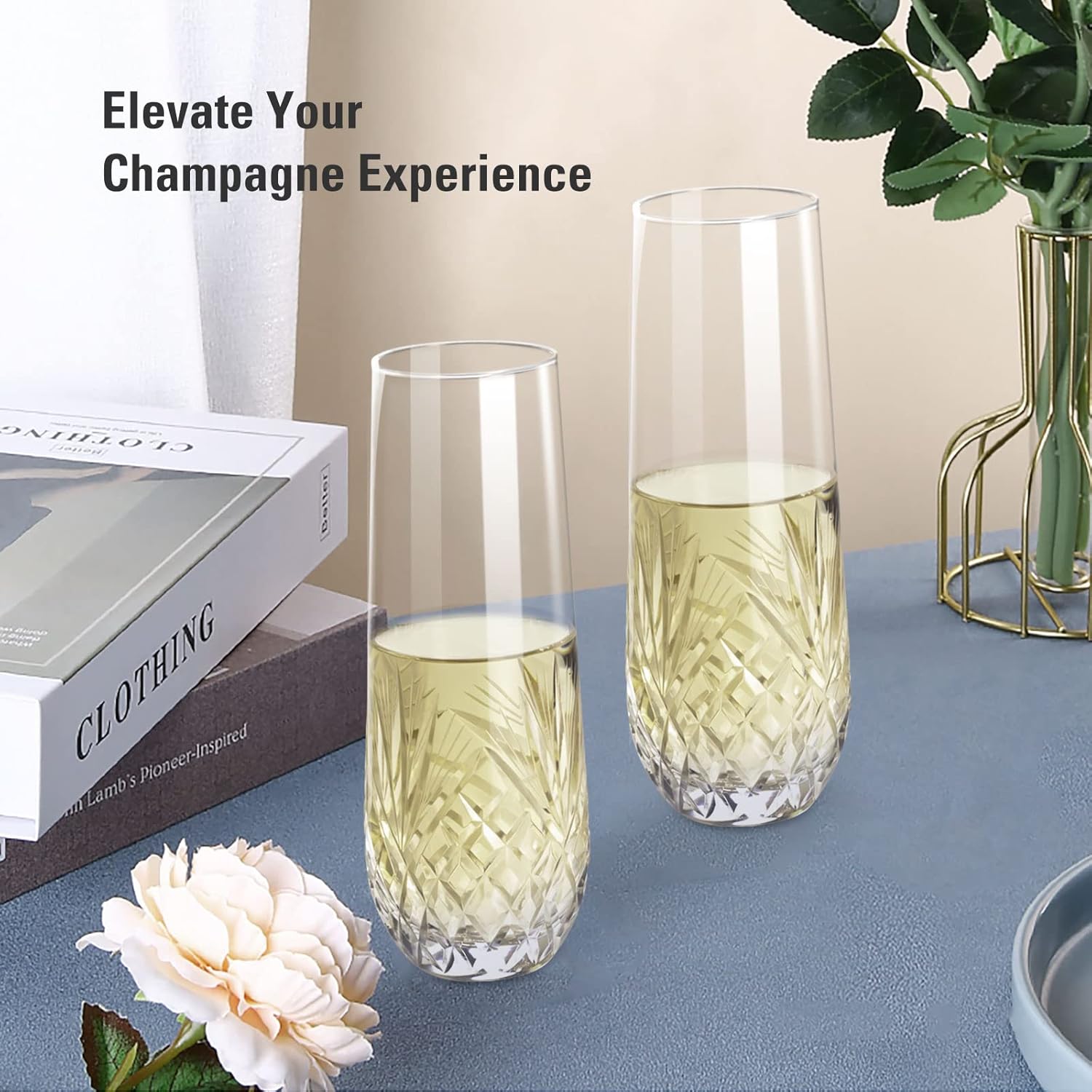 SHOSHIN Stemless Champagne Flutes, Hand Made, Set of 4, Toasting champagne glasses, Wedding Party Cocktail Cups, Wine Flute, Mimosa Glasses Set, Water Glasses, Highball Glass, 9.5oz - Image 3