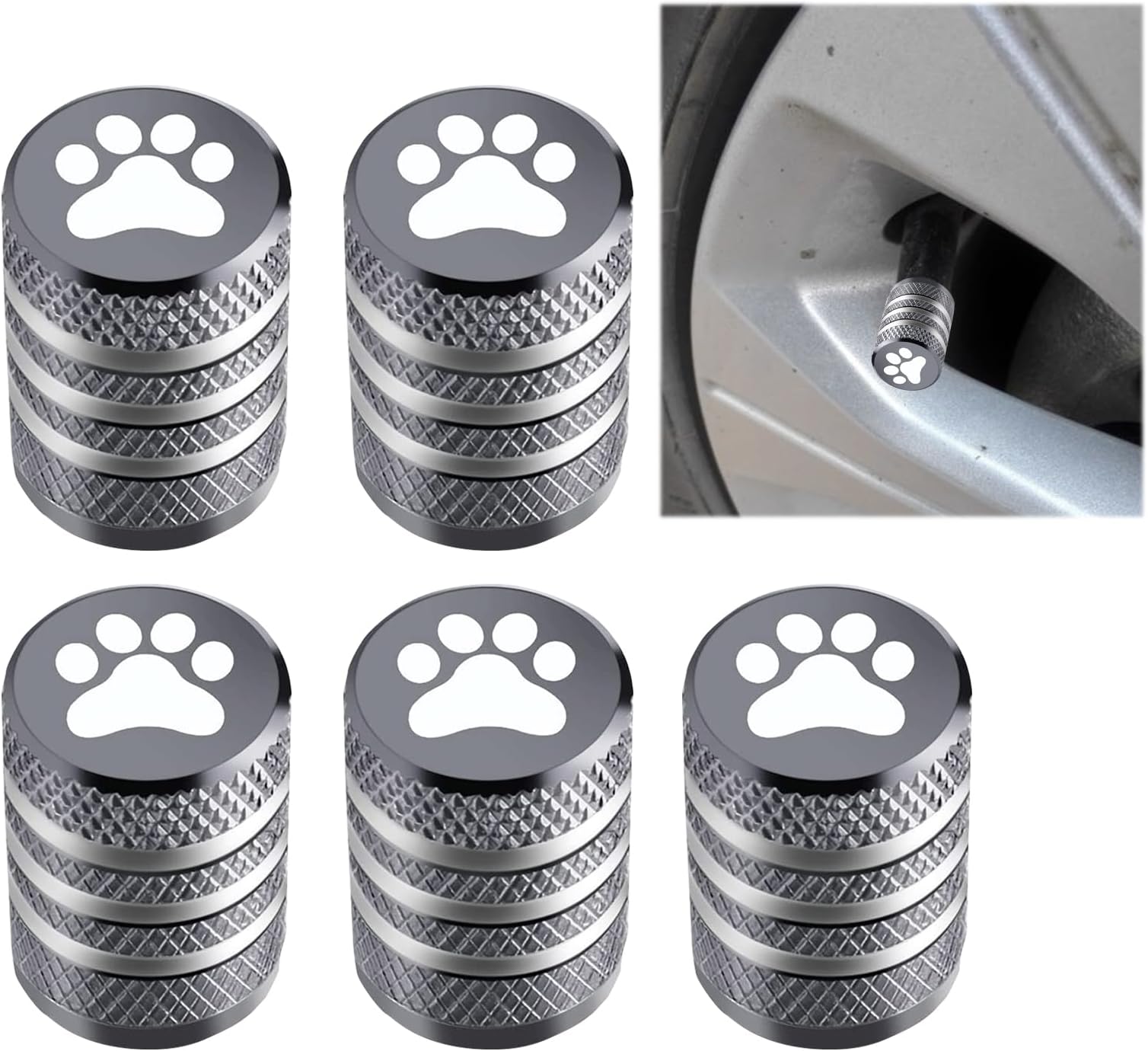 Ajxn 5 PCS Dog Paw Style Tubeless Valve Cover, 0.62" x 0.43" Screw-on Alloy Valve Cap, Suitable for Most Models (Gray)