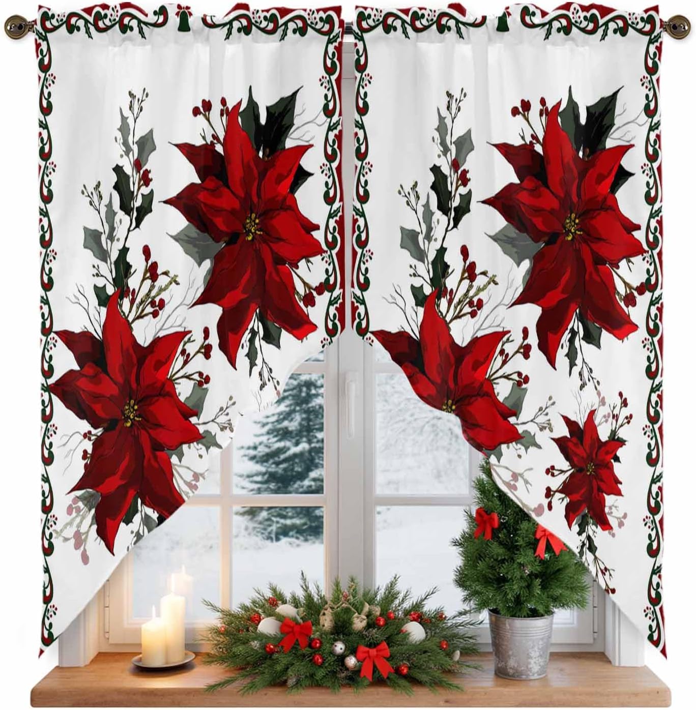 Prime Leader Christmas Curtains Swag Valance Hot Cocoa Rod Pocket Kitchen Curtains Winter Holiday Scalloped Window Treatment Valances Swag Curtains for Christmas Decorations, 1 Pair, 28" W x 36" L