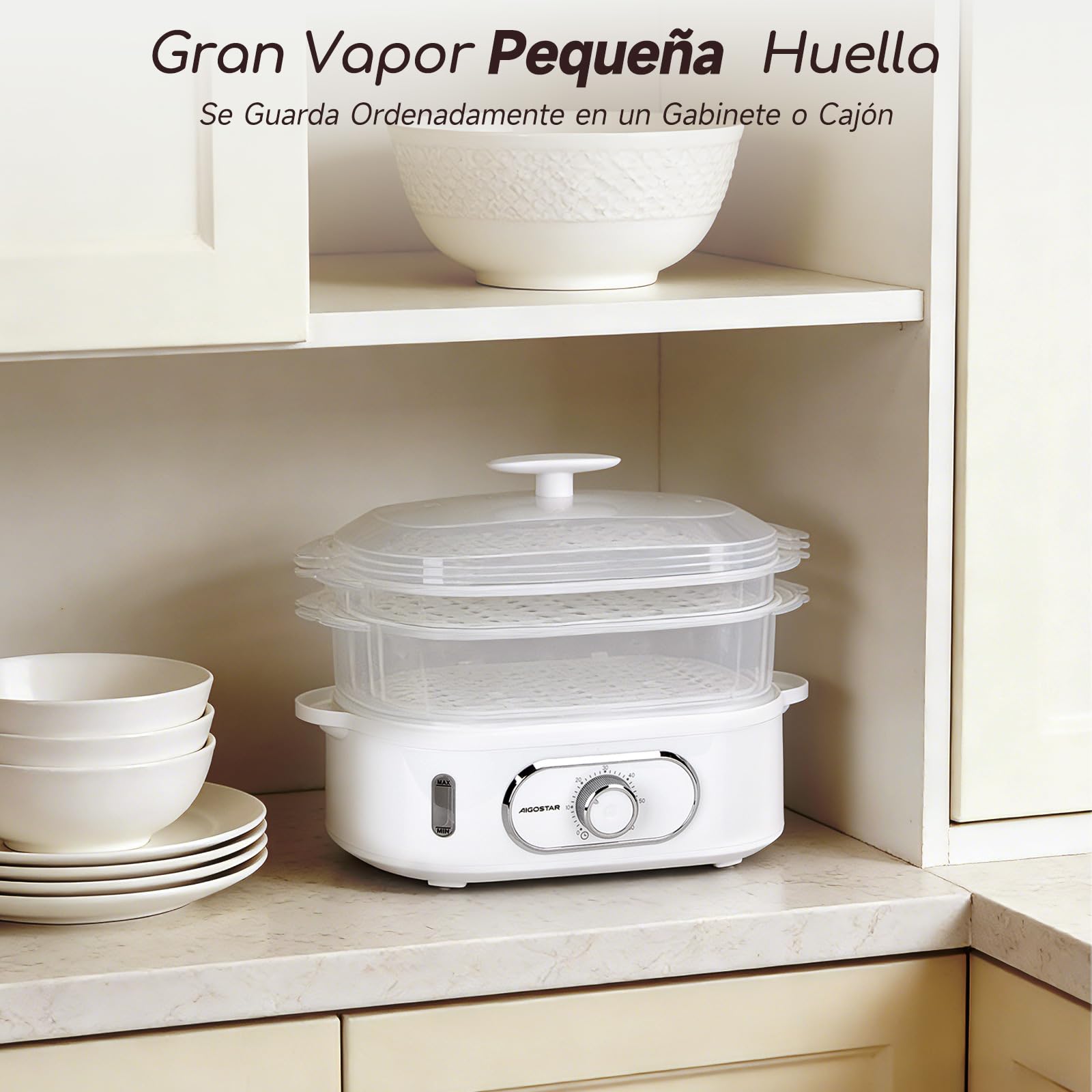 Aigostar Vaporera Eléctrica 12L, 3 Recipientes Apilables Independientes, Cuenco para Arroz, Soporte para Huevos, Temporizador 60 Minutos, Base Antideslizante, Sin BPA, 900W, Blanco