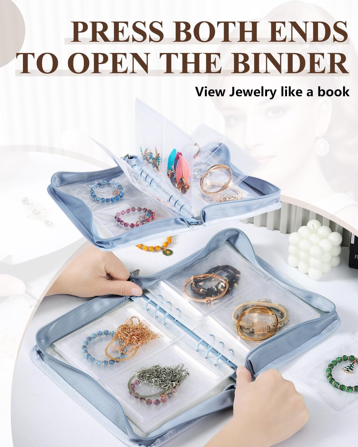 Jewelry Organizer Book Clear Travel earring book organizer Transparent Jewelry Book with Zipper Pouch Bags (Light blue,With 48 PCS Large Jewelry Bags) image 5