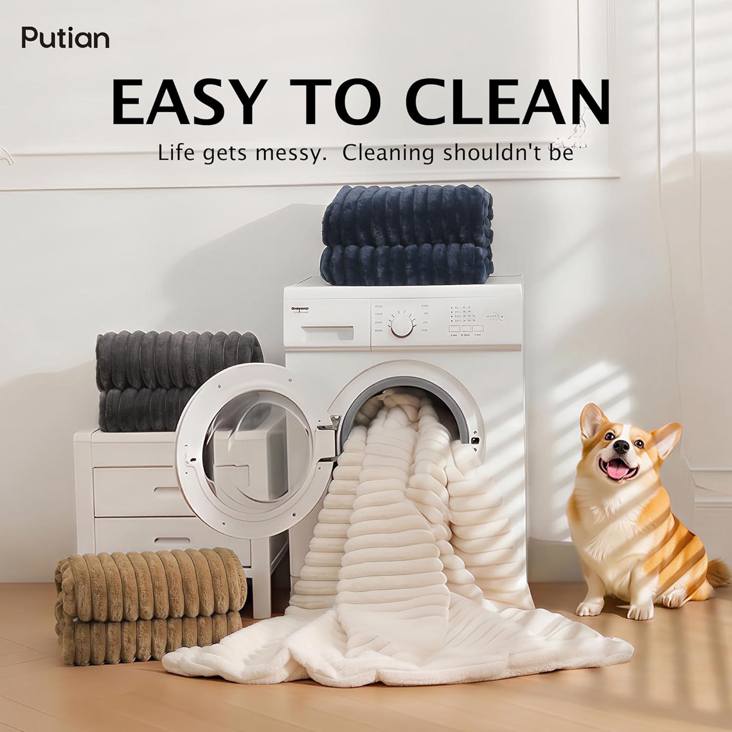 PuTian Waterproof Dog Blanket for Couch, 40"x50", Khaki | Blocks Urine, Stains and Pet Hair to Guard Furniture, Perfect For Dogs & Cats On Couch, Bed, Car And Travel