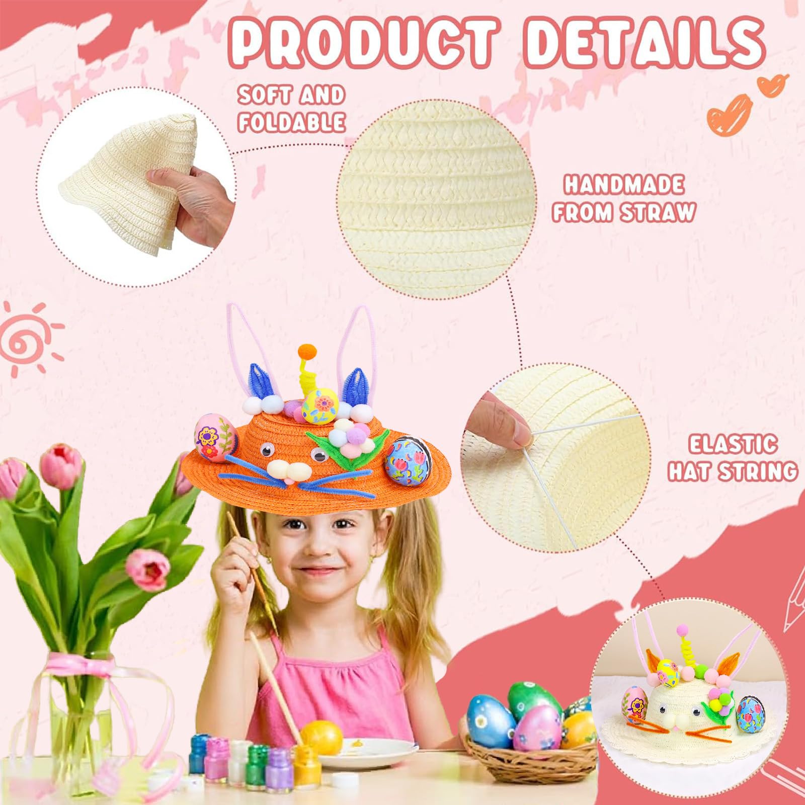 Mienocol Orange Easter Bonnet Kit,DIY Handmade Hat for Kids Boys Girls Gifts,Make Your Own Bonnet Hat Craft Set including Bunny Eggs Decorations DIY Handmade Game for Easter Party Kindergarten Favors - Image 4