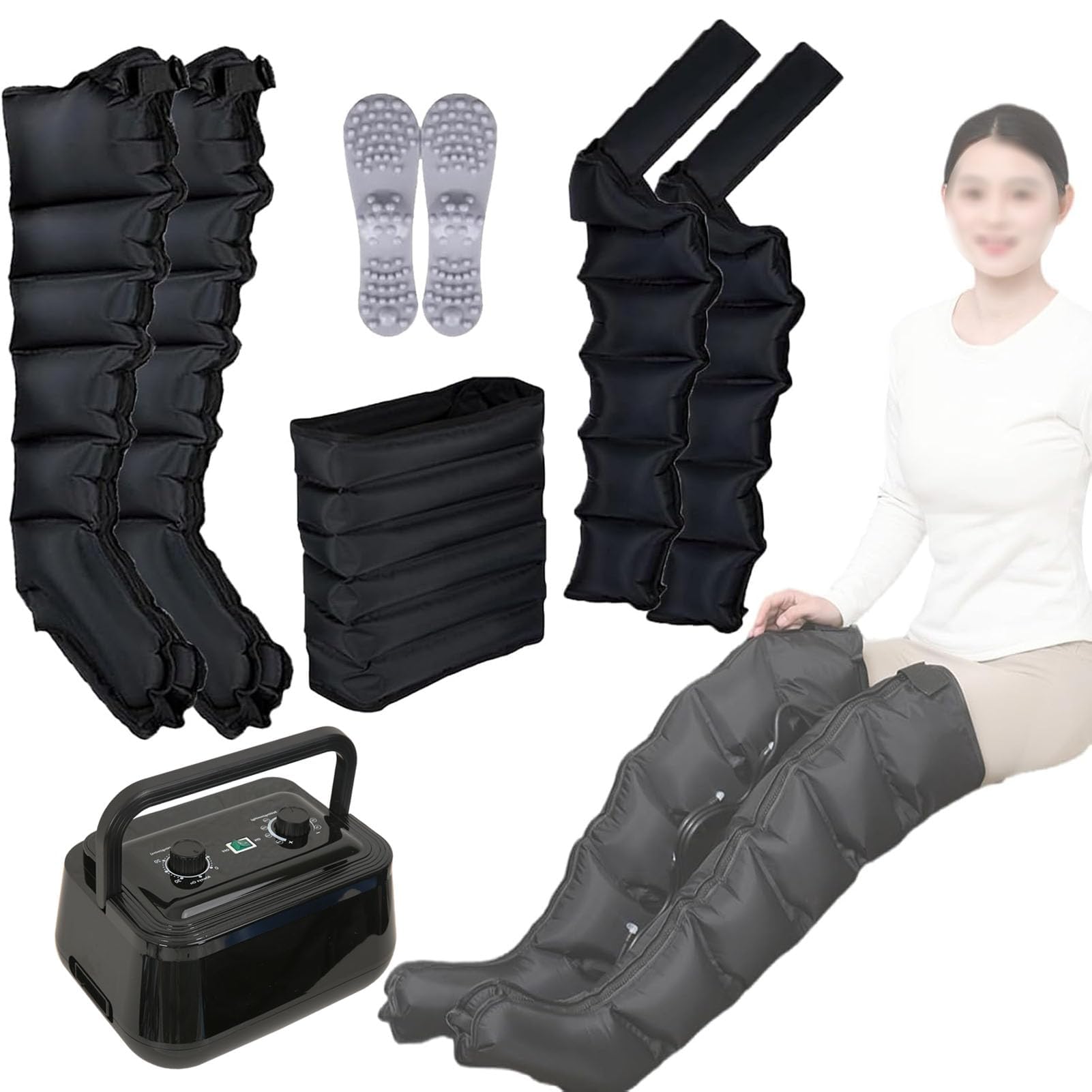 6-komorowy masażer nóg, urządzenie pneumatyczne, buty do terapii uciskowej, przyrząd do relaksu, opaski na talię, ramiona, nogi, stopy, kostki, łydki, kompresja powietrza, regulowane ciśnienie (c