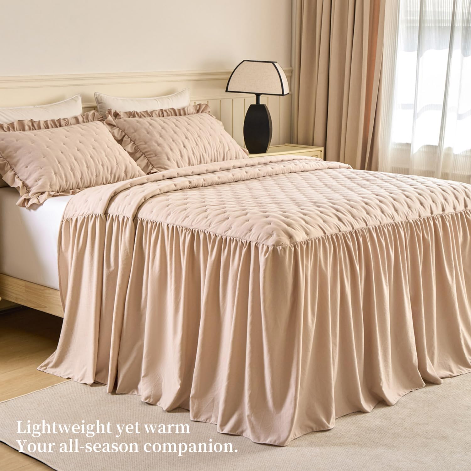 Ruffle Skirt Bedspread Set - 3 Piece Vintage French Country Rustic Farmhouse Quilted Bedspreads,Bed Skirt Queen Size 30" Long Drop
