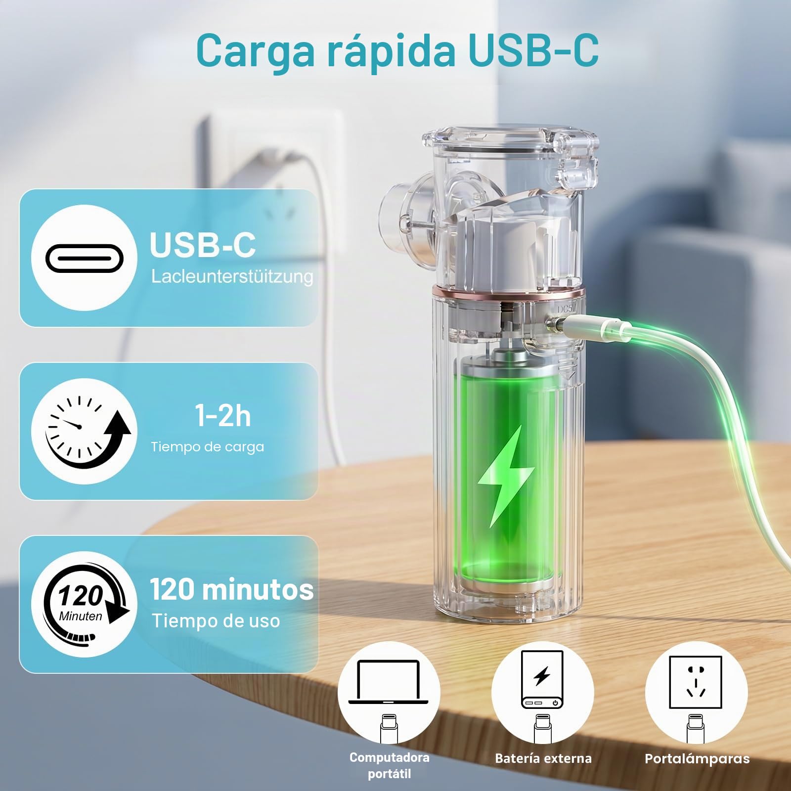 Humidificador Portátil Silencioso para Adultos y Niños, Dispositivo Recargable con 2 Mascarillas y Boquilla, 2 Modos Ajustables, Pantalla LED, Diseño Compacto para Viajes y Uso Diario
