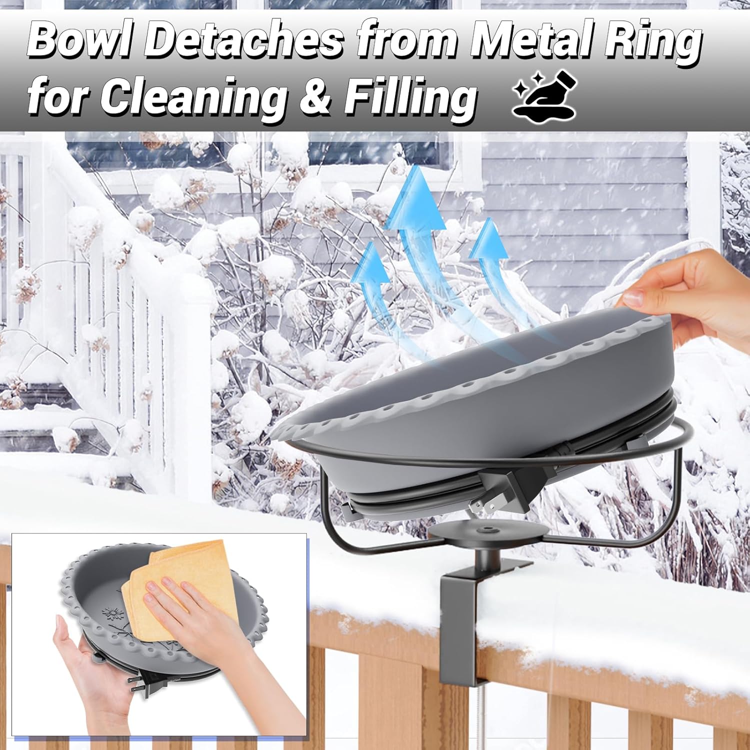 Heated Bird Baths for Outdoors, Upgraded 100W Thermostatically Controlled Heated Bird Bath for Deck Railing Large Capacity Heated Birdbath for Outside Winter Garden Yard Patio Lawn (Grey)